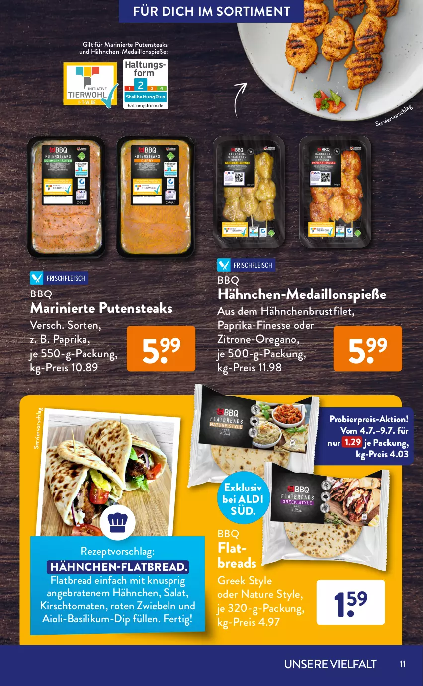 Aktueller Prospekt AldiSud - GRILLEN KANN SO ALDI SEIN. - von 01.07 bis 31.07.2022 - strona 11 - produkty: aioli, aldi, basilikum, bier, braten, brustfilet, curry, dip, eis, filet, filets, finesse, flasche, fleisch, Geflügel, grill, hähnchenbrust, hähnchenbrustfilet, Hähnchensteak, hähnchensteaks, ingwer, jalapeño, kirsch, kräuter, LG, Mariniertes Fleisch, medaillons, natur, oder kräuter, paprika, pute, putensteaks, reis, rezept, rwe, salat, sauce, sesam, soja, steak, steaks, Ti, tomate, tomaten, zitrone, zwiebel, zwiebeln