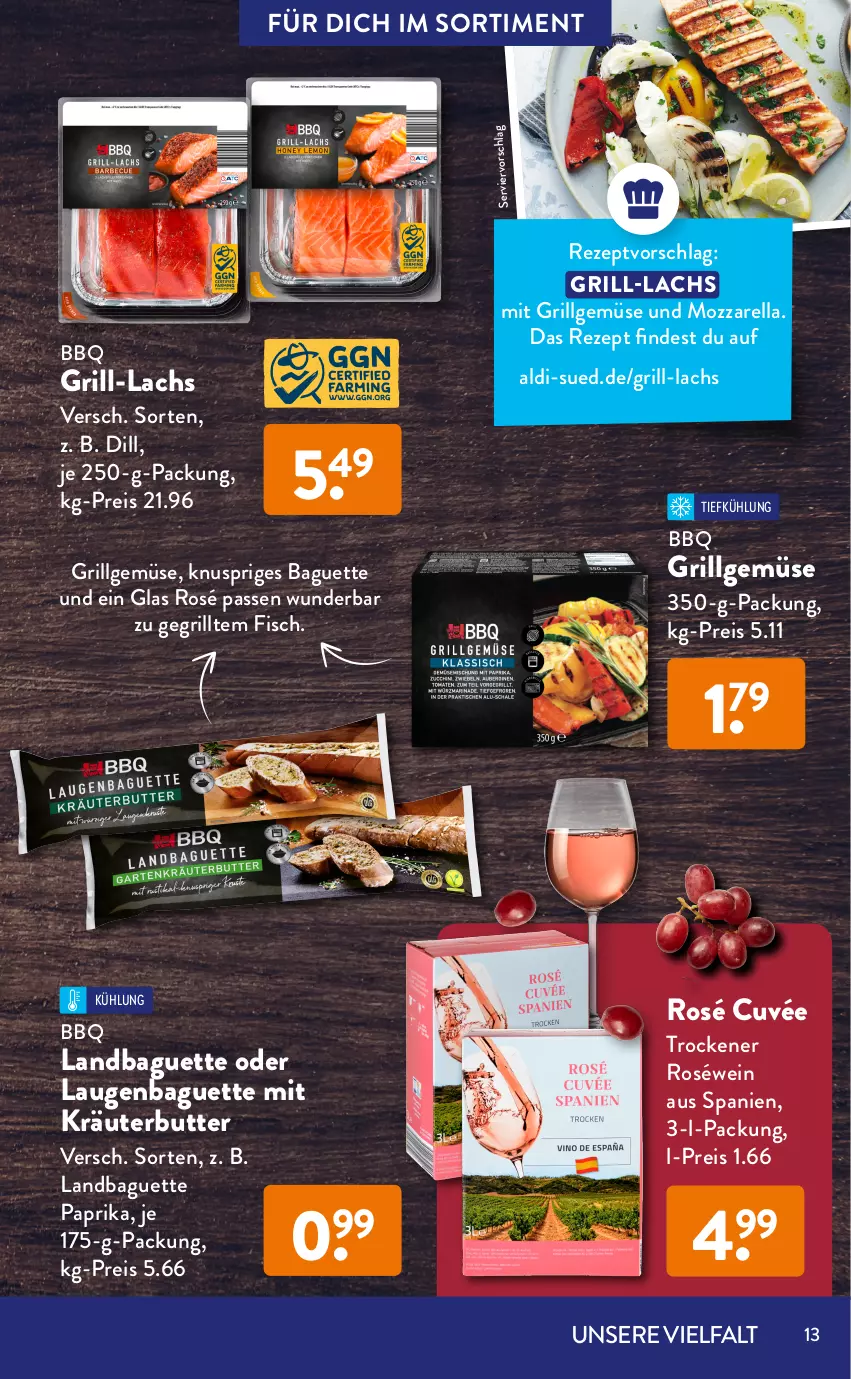 Aktueller Prospekt AldiSud - GRILLEN KANN SO ALDI SEIN. - von 01.07 bis 31.07.2022 - strona 13 - produkty: aldi, aqua, baguette, butter, cuvée, Dorade, dorade royal, eis, fisch, fische, Fischer, grill, grill-lachs, je 250-g-packung, kräuter, kräuterbutter, lachs, LG, mozzarella, paprika, reis, rel, rezept, roséwein, Schere, steak, steaks, thunfisch, Ti, tisch, wein