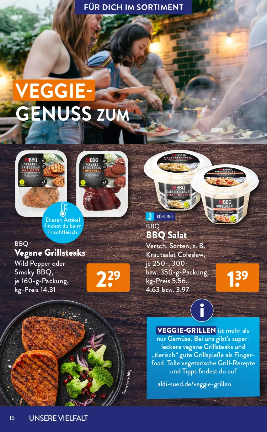 Aktueller Prospekt AldiSud - GRILLEN KANN SO ALDI SEIN. - von 01.07 bis 31.07.2022 - strona 16 - produkty: aldi, briketts, chili, Coleslaw, eis, filet, fleisch, grill, grillbriketts, grillholzkohle, Grillspieße, Holz, holzkohle, Kraut, krautsalat, mac, mais, nuss, reis, rezept, rezepte, salat, steak, steaks, Ti, Vegeta, veggie, Wild, zucker, zuckermais