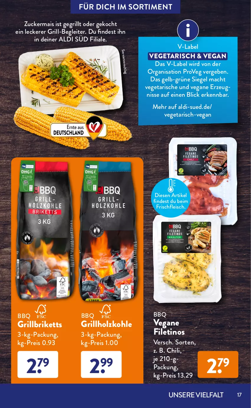 Aktueller Prospekt AldiSud - GRILLEN KANN SO ALDI SEIN. - von 01.07 bis 31.07.2022 - strona 17 - produkty: aldi, briketts, chili, Coleslaw, eis, filet, fleisch, grill, grillbriketts, grillholzkohle, Grillspieße, Holz, holzkohle, Kraut, krautsalat, mac, mais, nuss, reis, rezept, rezepte, salat, steak, steaks, Ti, Vegeta, veggie, Wild, zucker, zuckermais