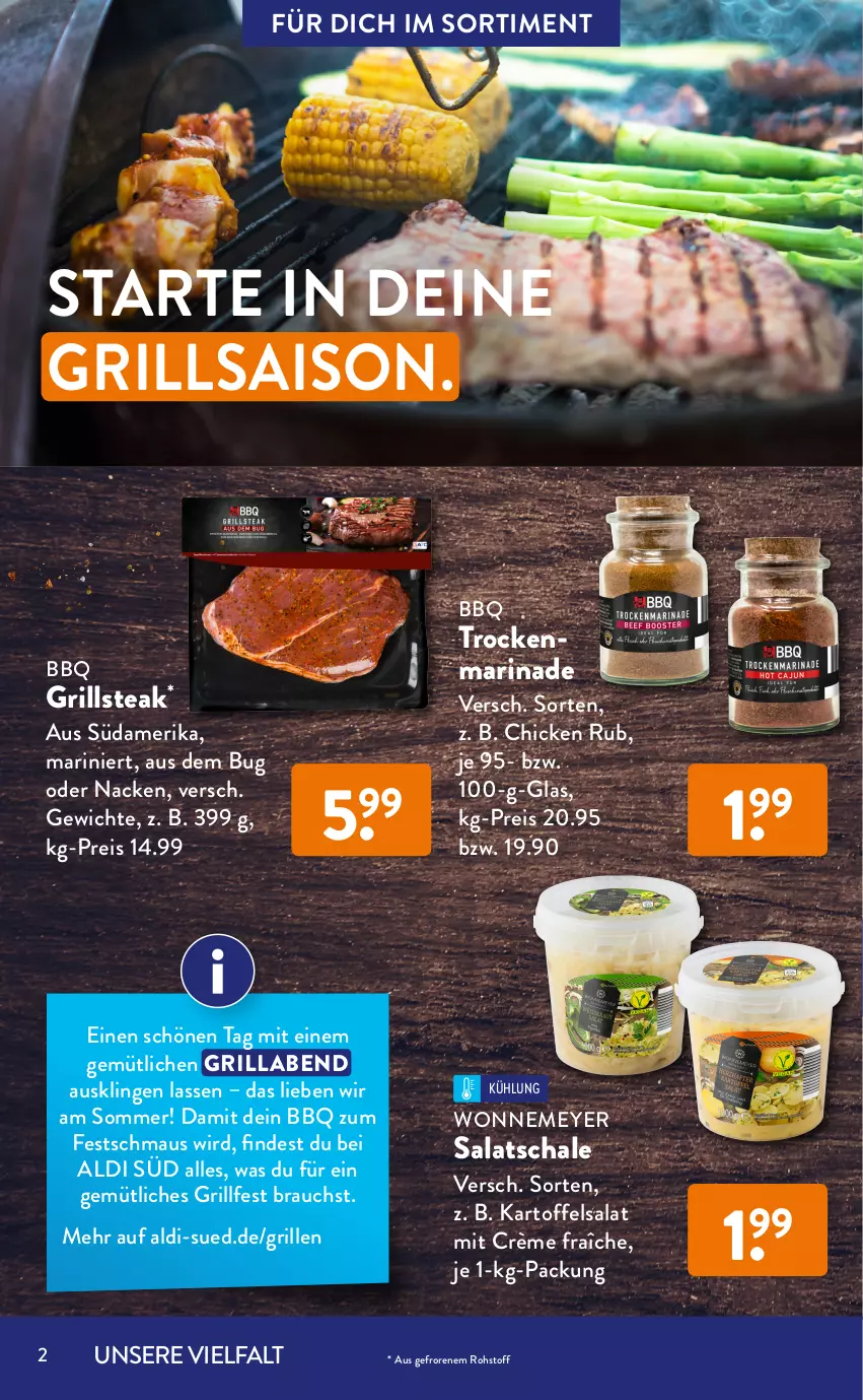 Aktueller Prospekt AldiSud - GRILLEN KANN SO ALDI SEIN. - von 01.07 bis 31.07.2022 - strona 2 - produkty: aldi, Bau, bio, crème fraîche, eis, fleisch, Fleischspieße, gewürz, grill, grillfackeln, gsw, kartoffel, kartoffelsalat, kräuter, marinade, Maus, Nackensteak, nackensteaks, oder kräuter, paprika, Rauch, reis, salat, Schal, Schale, schwein, schweine, Schweinebauch, steak, steaks, Ti, wein, weine