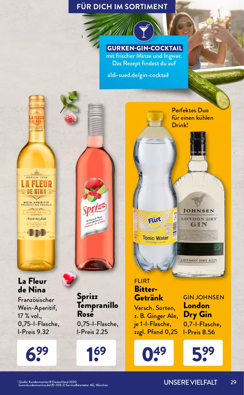 Aktueller Prospekt AldiSud - GRILLEN KANN SO ALDI SEIN. - von 01.07 bis 31.07.2022 - strona 29 - produkty: aldi, aperitif, apfel, cocktail, cola, drink, drinks, dry gin, eis, elle, flasche, getränk, gin, ginger, ginger ale, grana, granatapfel, gurke, gurken, ingwer, mango, maracuja, minze, Mixgetränk, monitor, Rana, reis, rezept, rum, Sprizz, tempranillo, Ti, tonic, wein