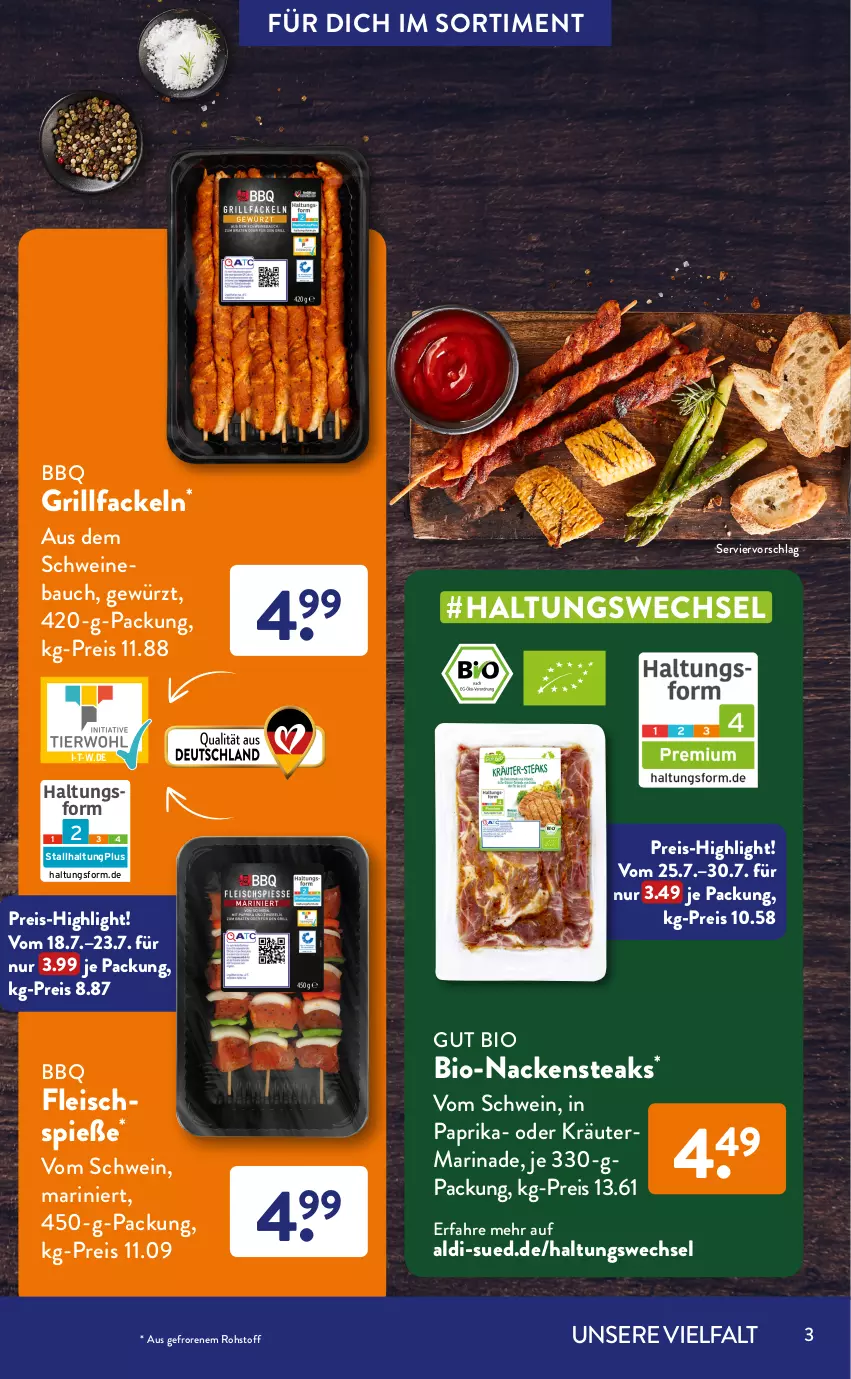 Aktueller Prospekt AldiSud - GRILLEN KANN SO ALDI SEIN. - von 01.07 bis 31.07.2022 - strona 3 - produkty: aldi, Bau, bio, crème fraîche, eis, fleisch, Fleischspieße, gewürz, grill, grillfackeln, gsw, kartoffel, kartoffelsalat, kräuter, marinade, Maus, Nackensteak, nackensteaks, oder kräuter, paprika, Rauch, reis, salat, Schal, Schale, schwein, schweine, Schweinebauch, steak, steaks, Ti, wein, weine