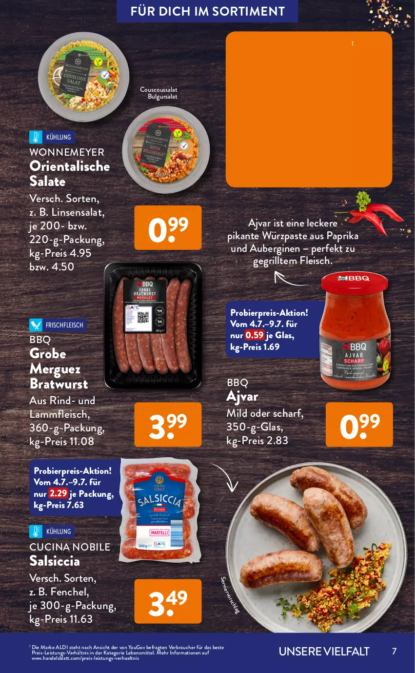 Aktueller Prospekt AldiSud - GRILLEN KANN SO ALDI SEIN. - von 01.07 bis 31.07.2022 - strona 7 - produkty: Ajvar, aldi, aubergine, auberginen, baguette, bbq-sauce, bier, bratwurst, bulgur, chili, cin, couscous, Couscoussalat, eis, fenchel, fleisch, gin, grill, hummus, käfer, Kürbis, lamm, Lammfleisch, lebensmittel, LG, linsen, Ofen, paprika, Rauch, reis, rezept, rind, salat, salate, salsiccia, sauce, schwein, spare ribs, spareribs, steinofen, Ti, wein, wurst, Yo