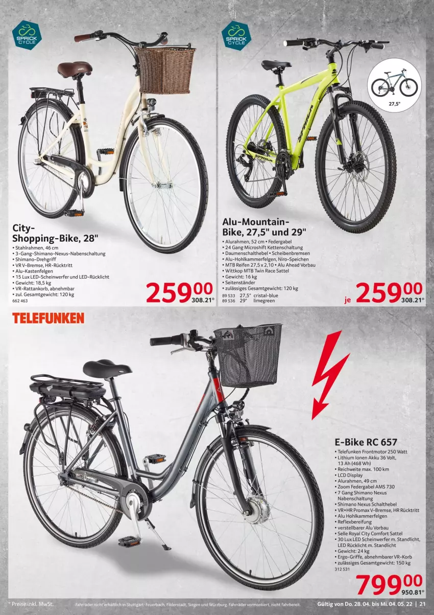 Aktueller Prospekt Selgros - Non Food - von 28.04 bis 04.05.2022 - strona 21 - produkty: akku, Bau, E-Bike, elle, felgen, gabel, Kette, korb, LG, nexus, promax, reifen, rücklicht, sattel, Schal, shimano, telefunken, Ti