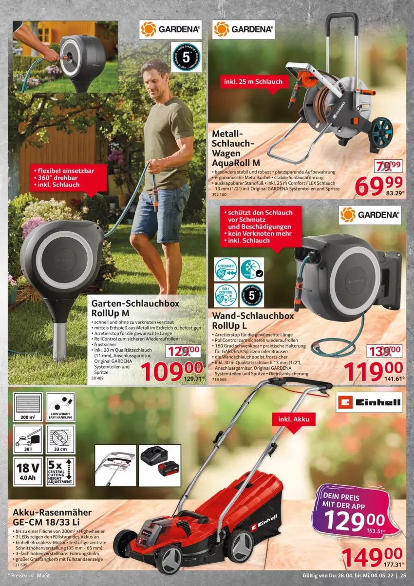 Aktueller Prospekt Selgros - Non Food - von 28.04 bis 04.05.2022 - strona 25 - produkty: akku, akku-rasenmäher, aqua, brause, einhell, gardena, garnitur, Garten, gin, korb, leds, rasen, rasenmäher, schlauch, Ti, tisch