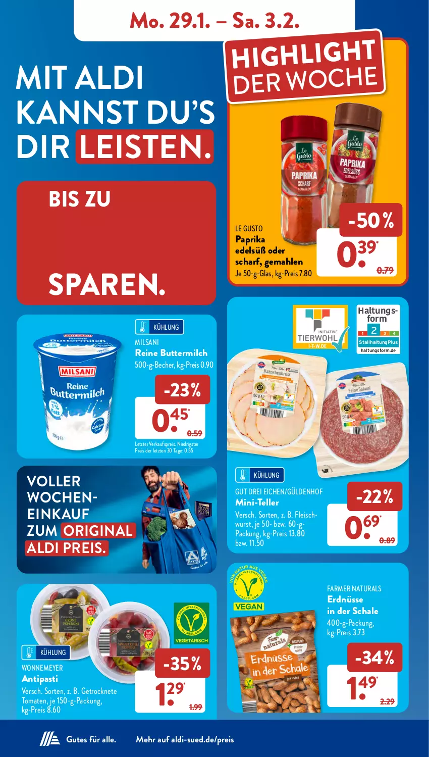 Aktueller Prospekt AldiSud - NÄCHSTE WOCHE - von 29.01 bis 03.02.2024 - strona 10 - produkty: aldi, antipasti, asti, Becher, butter, buttermilch, eis, elle, erdnüsse, fleisch, fleischwurst, Getrocknete Tomaten, gin, milch, natur, natura, paprika, reine buttermilch, reis, Schal, Schale, teller, Ti, tomate, tomaten, wurst, ZTE