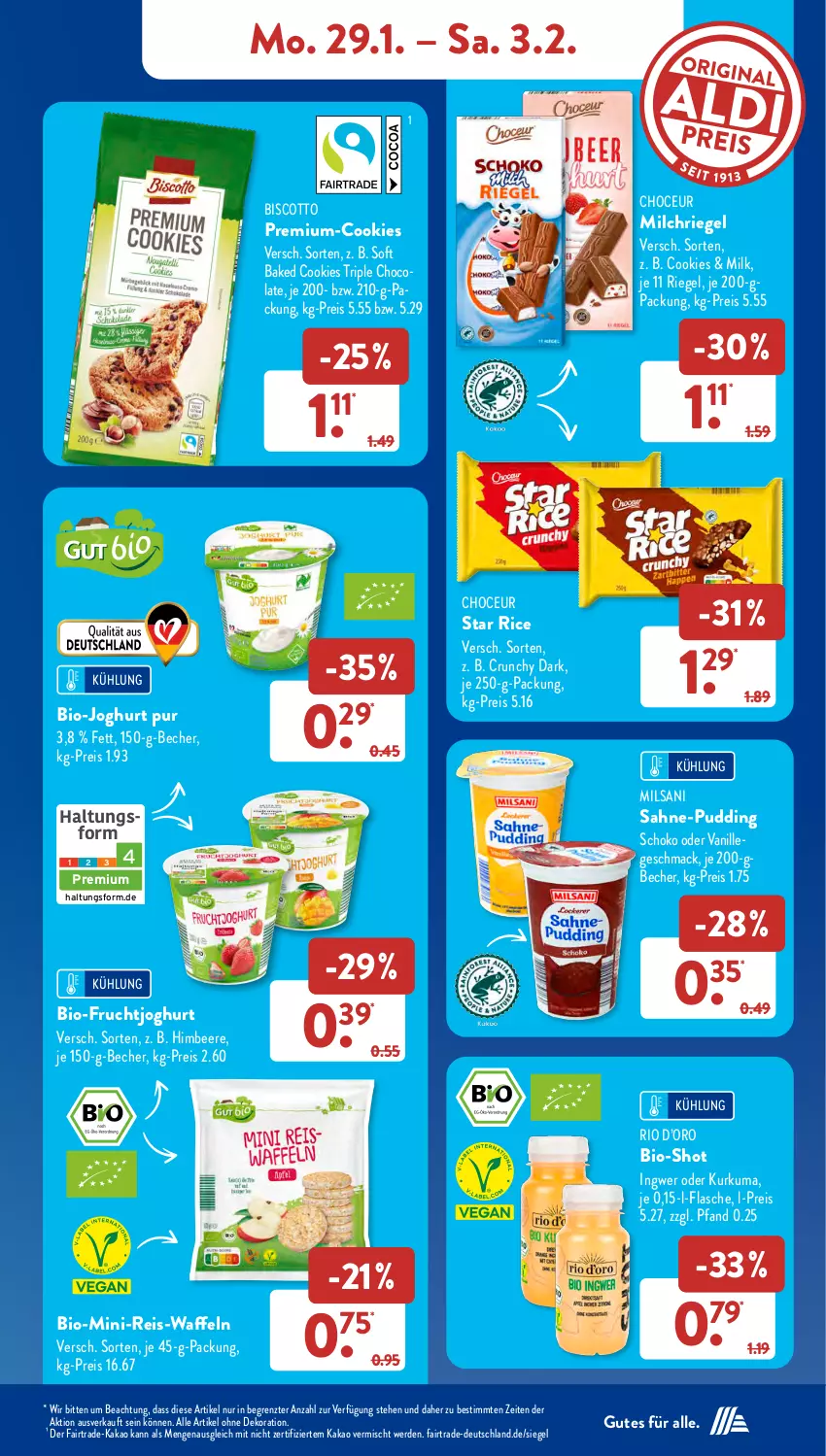 Aktueller Prospekt AldiSud - NÄCHSTE WOCHE - von 29.01 bis 03.02.2024 - strona 11 - produkty: alle artikel ohne dekoration, Becher, beere, bio, bio-joghurt, biscotto, cola, cookie, cookies, dekoration, eis, erde, flasche, frucht, fruchtjoghurt, himbeer, himbeere, ingwer, je 250-g-packung, joghur, joghurt, kakao, mac, milch, pudding, reis, riegel, sahne, schoko, Ti, vanille, waffeln, ZTE