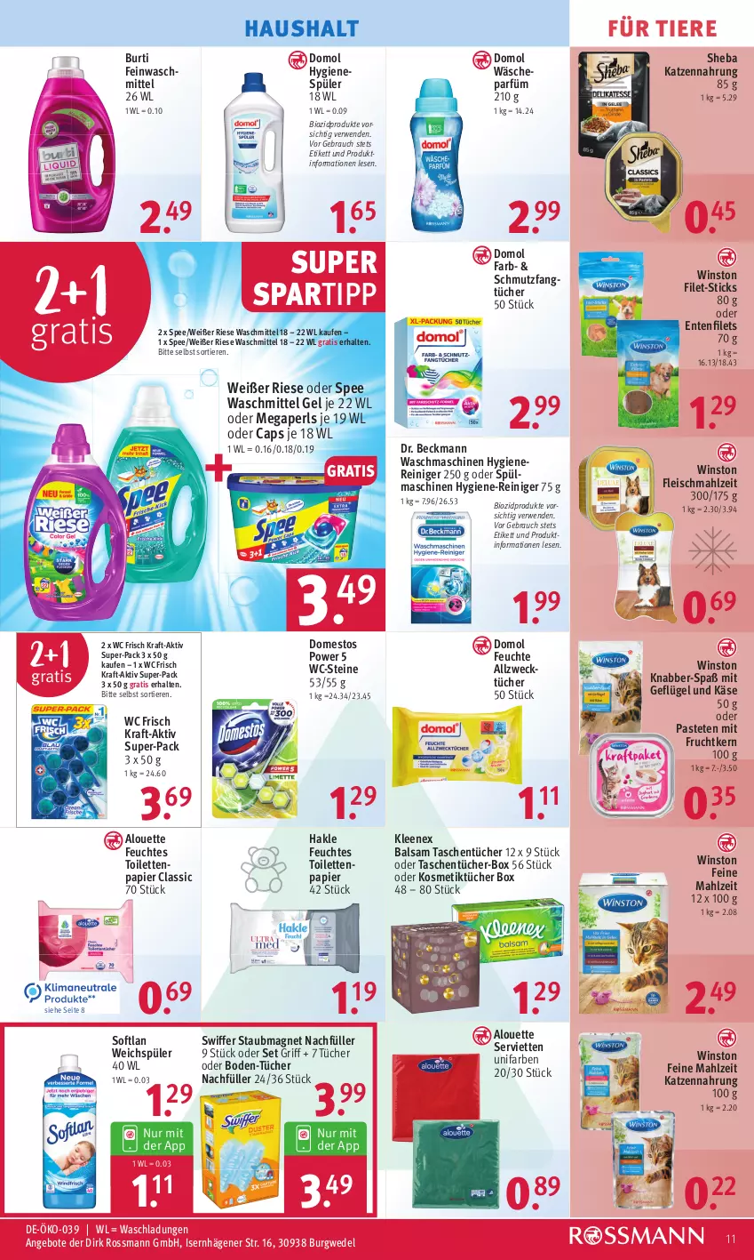 Aktueller Prospekt Rossmann - Prospekte - von 19.12 bis 23.12.2022 - strona 11 - produkty: Allzwecktücher, alouette, angebot, angebote, balsam, bio, biozidprodukte, burti, Cap, domestos, Domol, Dr. Beckmann, eis, ente, Fangtücher, feinwaschmittel, feuchtes toilettenpapier, filet, filets, fleisch, frucht, Geflügel, hakle, hygiene-reiniger, hygienespüler, Käse, katzennahrung, kosmetik, Kosmetiktücher, kraft, megaperls, mit frucht, papier, pastete, Rauch, reiniger, rwe, Serviette, servietten, sheba, Softlan, spartipp, spee, spülmaschinen, staubmagnet, swiffer, Tasche, taschen, taschentücher, Ti, Tiere, toilettenpapier, tücher, wäscheparfüm, waschmaschine, waschmaschinen, waschmittel, wc frisch, WC-Steine, weck, wedel, weichspüler