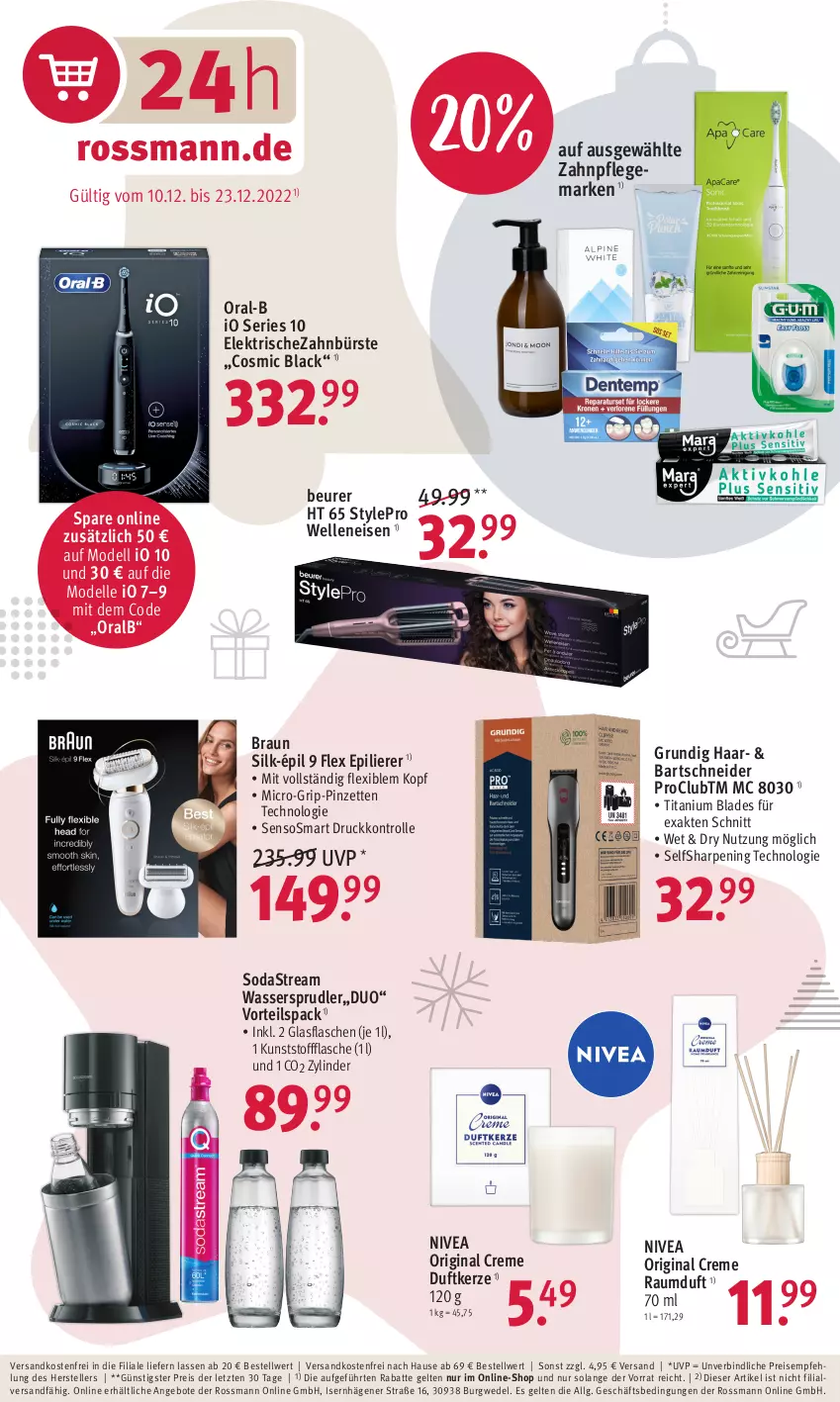 Aktueller Prospekt Rossmann - Prospekte - von 19.12 bis 23.12.2022 - strona 18 - produkty: angebot, angebote, bartschneider, beurer, braun, bürste, creme, dell, Duftkerze, eis, elle, epilierer, flasche, gin, glasflasche, grundig, kerze, lack, LG, Mode, ndk, nivea, oral-b, oralb, Pinzette, Raumduft, reis, Sharp, Soda, sodastream, teller, Ti, versandkostenfrei, wasser, wassersprudler, wedel, zahnbürste, ZTE