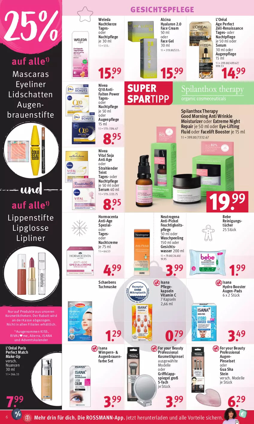 Aktueller Prospekt Rossmann - Prospekte - von 19.12 bis 23.12.2022 - strona 6 - produkty: Adventskalender, alterra, Augenpflege, Bebe, cin, creme, dell, elle, Eyeliner, feuchtigkeitspflege, For Your Beauty, gesichtspflege, Gesichtswasser, HP, hyaluron, isana, kerze, kosmetik, Lipgloss, Lippenstift, Make-up, Mascara, Maske, Mode, nachtcreme, nachtpflege, neutrogena, nivea, Nuance, Peeling, Pinsel, Pinselset, Q10, Reinigung, reinigungstücher, rum, sana, Schaebens, Serum, soja, spartipp, Spezi, spiegel, stifte, Ti, tuc, tücher, tuchmaske, vita, Vitamin C, wasser, weleda, Yo