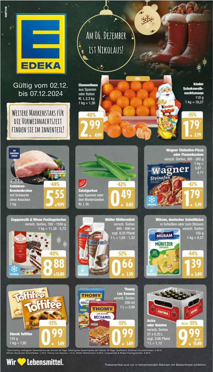 Aktueller Prospekt Edeka - Prospekte - von 02.12 bis 07.12.2024 - strona 1 - produkty: braten, coppenrath, deutscher schnittkäse, eis, ente, fleisch, gin, gutfleisch, Käse, Kinder, krustenbraten, lebensmittel, milch, milram, Müller, müllermilch, reis, rwe, sauce, schinken, schnittkäse, schoko, thomy, thomy les sauces, Ti, torte, wagner, ZTE