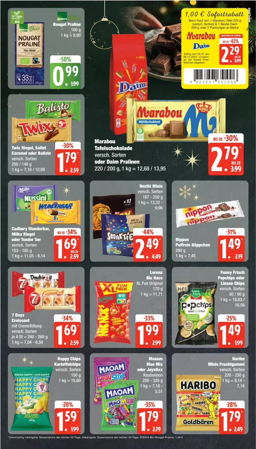 Aktueller Prospekt Edeka - Prospekte - von 02.12 bis 07.12.2024 - strona 19 - produkty: beutel, bio, creme, daim, deka, edeka bio, eis, Funny Frisch, gin, LG, lorenz, maoam, Marabou, Puffreis Häppchen, reis, schoko, schokolade, Sofa, tafelschokolade, tender, Ti, ZTE