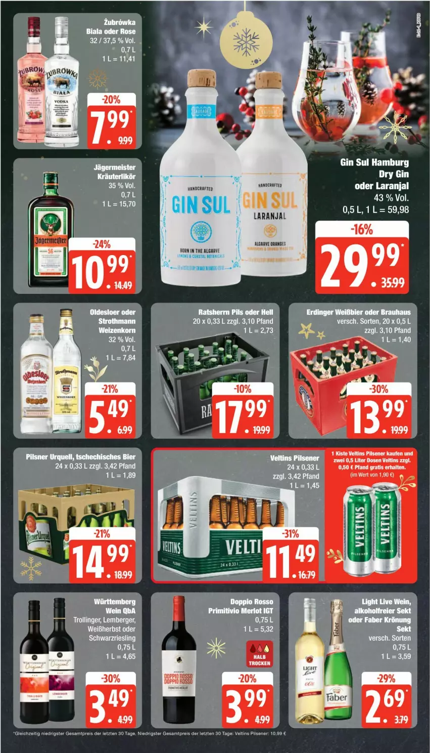 Aktueller Prospekt Edeka - Prospekte - von 02.12 bis 07.12.2024 - strona 21 - produkty: auer, bier, eis, erdinger, gin, LG, merl, merlot, pils, pilsener, pilsner, pilsner urquell, Ratsherrn, reis, riesling, rosen, schwarzriesling, tee, Ti, veltins, veltins pilsener, ZTE