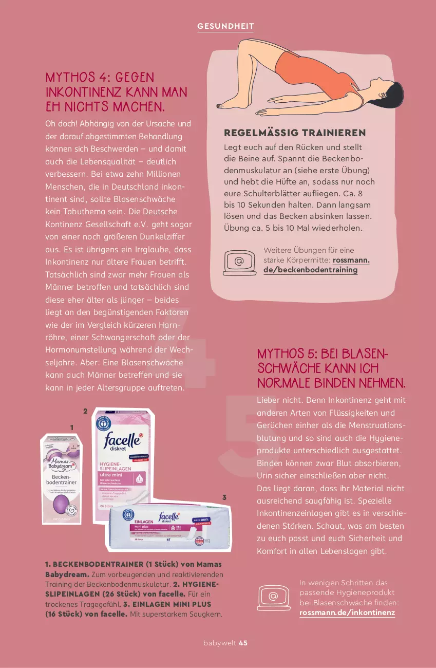 Aktueller Prospekt Rossmann - Prospekte - von 18.06 bis 30.06.2024 - strona 45 - produkty: babydream, Beckenbodentrainer, bier, Biere, binden, elle, erde, Facelle, Gesundheit, Liege, lion, mac, mam, Mythos, Ria, sac, slip, slipeinlagen, Soda, Spezi, Ti