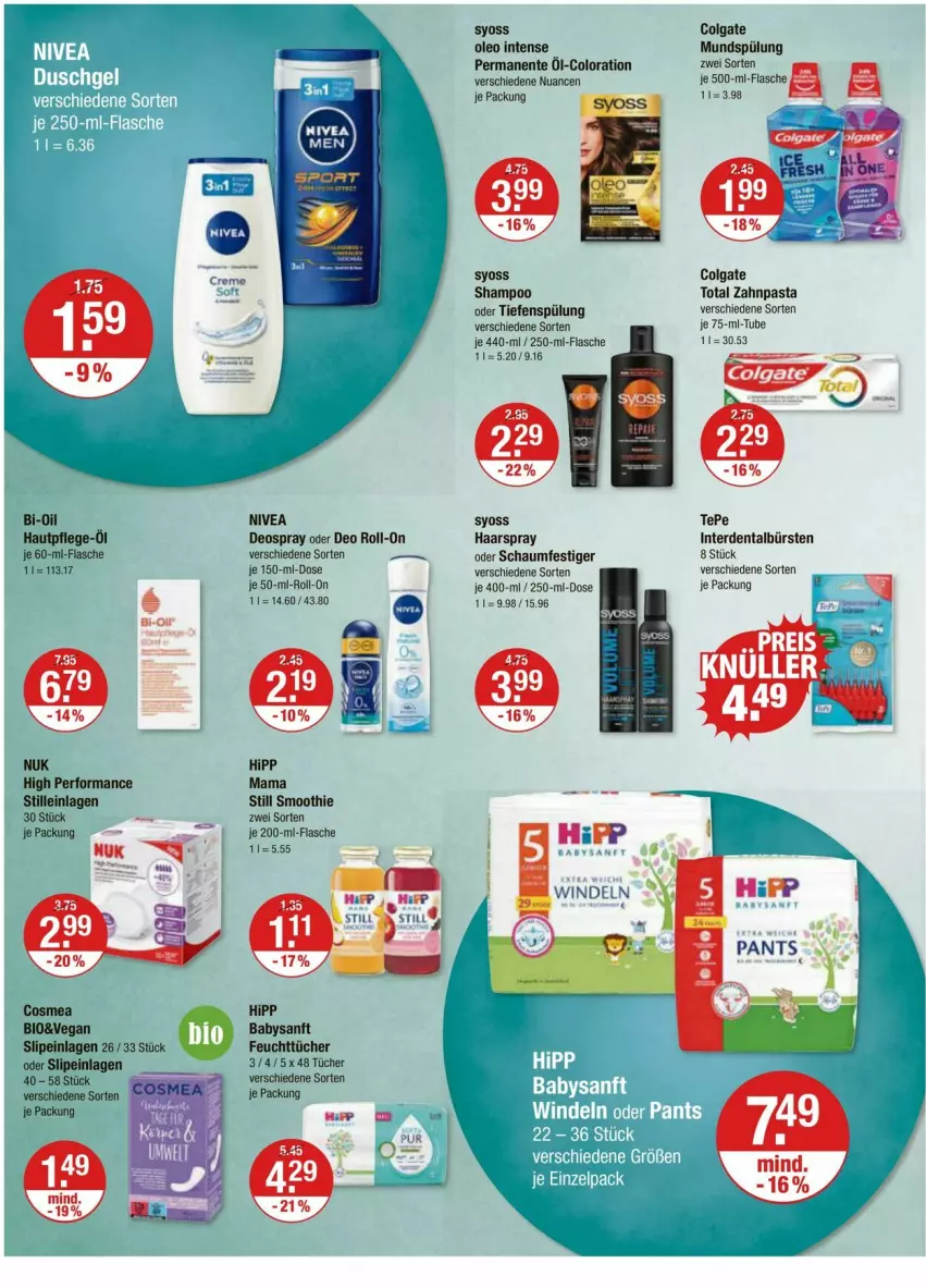 Aktueller Prospekt Vmarkt - Prospekte - von 25.01 bis 31.01.2024 - strona 10 - produkty: Bi-Oil, bio, bürste, bürsten, colgate, cosmea, deo, deo roll-on, deospray, eis, ente, erde, feuchttücher, flasche, haarspray, Hautpflege, hipp, LG, mam, mundspülung, nivea, Nuance, oder deo roll-on, oder schaumfestiger, pasta, reis, roll-on, schaumfestiger, shampoo, slip, slipeinlagen, smoothie, spülung, syoss, Ti, tücher, Yo, zahnpasta