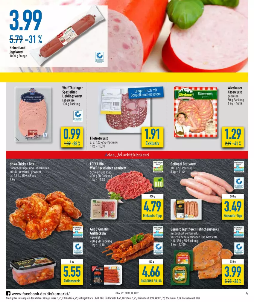 Aktueller Prospekt Diska - Prospekte - von 03.07 bis 08.07.2023 - strona 4 - produkty: aktionspreis, auer, Bau, Bauer, bio, braten, bratwurst, deka, discount, edeka bio, eis, filet, fleisch, Geflügel, gewürz, grill, grillfackeln, gsw, hackfleisch, hähnchenflügel, Hähnchensteak, hähnchensteaks, jagdwurst, Käse, Käsewurst, leberkäs, leberkäse, LG, marinade, reis, rind, ring, Rotwurst, schwein, schwein und rind, Spezi, steak, steaks, tee, Ti, wein, wiesbauer, wurst, ZTE