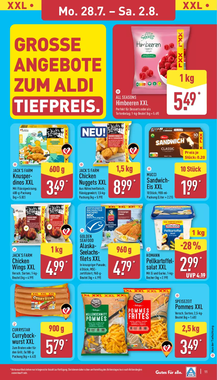 Aktueller Prospekt Aldi Nord - Von Montag - von 28.07 bis 02.08.2025 - strona 11 - produkty: aldi, angebot, angebote, aus der tiefkühlung, Becher, beere, beeren, beutel, braten, chicken nuggets, chicken wings, curry, dessert, desserts, eis, filet, filets, fleisch, gewürz, gin, grill, gurke, Hähnchenfleisch, himbeer, himbeere, himbeeren, homann, kartoffel, lachs, nuggets, pommes, reis, salat, sandwich, Ti, tiefpreis, torte, wurst, ZTE