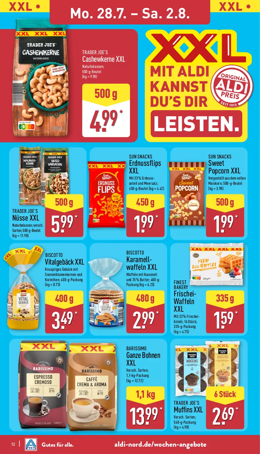 Aktueller Prospekt Aldi Nord - Von Montag - von 28.07 bis 02.08.2025 - strona 12 - produkty: aldi, angebot, angebote, beutel, biscotto, blume, blumen, bohne, bohnen, butter, Cashew, cashewkerne, eis, erdnuss, karamell, korn, LG, mais, meersalz, Muffin, muffins, natur, nuss, popcorn, salz, sim, snack, snacks, sonnenblume, sonnenblumen, Sonnenblumenkerne, sonnenblumenkernen, Sun Snacks, vita, waffeln