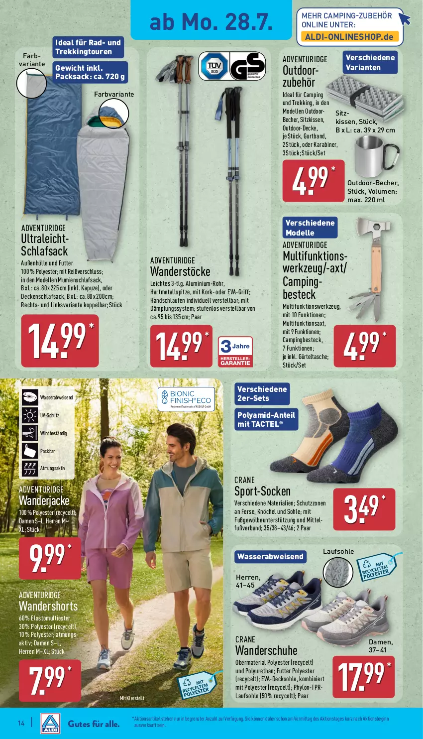 Aktueller Prospekt Aldi Nord - Von Montag - von 28.07 bis 02.08.2025 - strona 14 - produkty: aldi, Becher, besteck, decke, decksohle, dell, eis, elle, gin, Glade, Hylo, Jacke, kissen, Laufen, LG, Mode, Ria, sac, schlafsack, schuhe, shorts, sitzkissen, socken, Sport, Tasche, Ti, uv-schutz, Wanderjacke, Wanderschuhe, wasser, werkzeug, ZTE