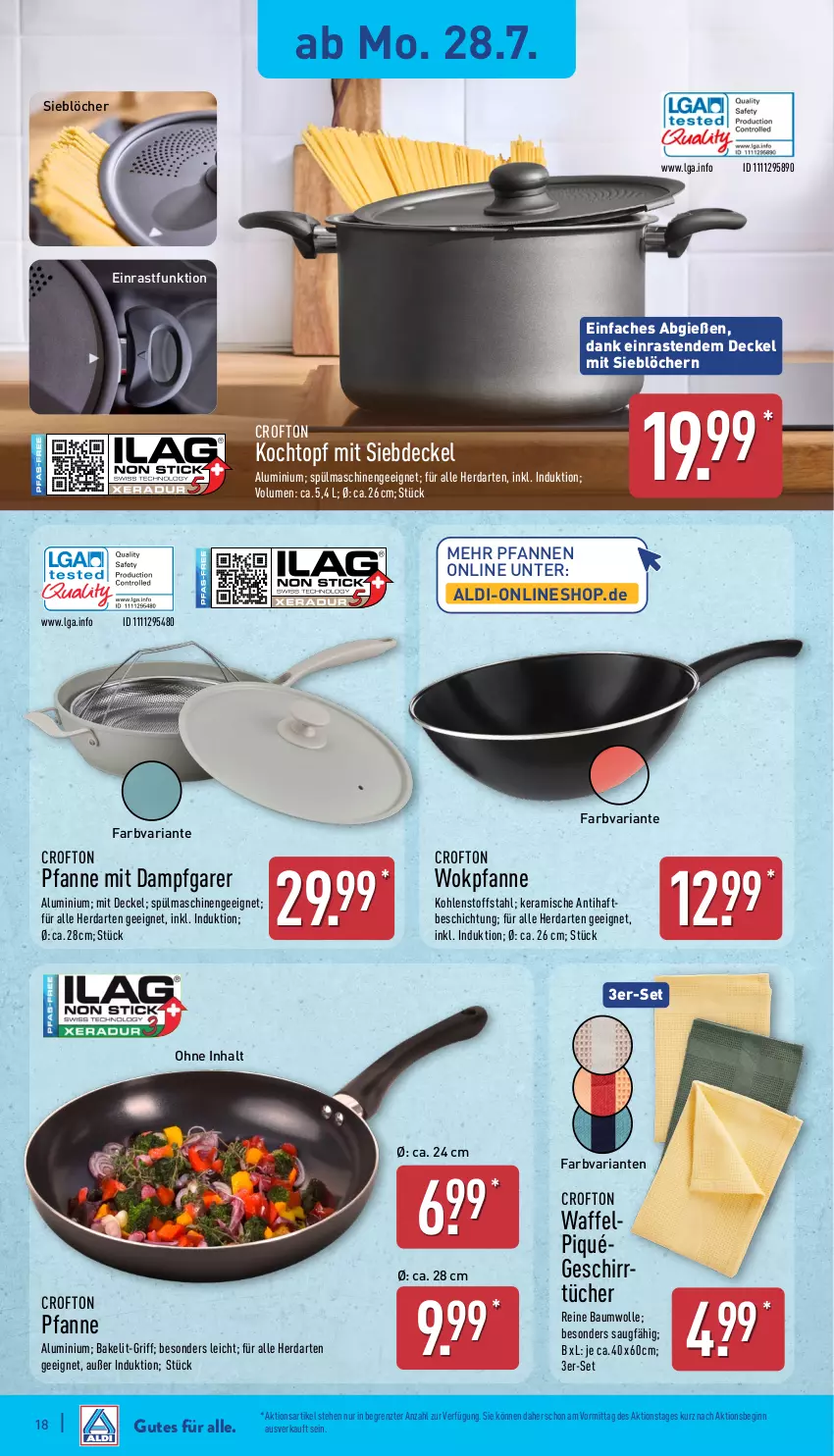 Aktueller Prospekt Aldi Nord - Von Montag - von 28.07 bis 02.08.2025 - strona 18 - produkty: aldi, Bau, baumwolle, Crofton, decke, Deckel, geschirr, gin, herdarten, Kochtopf, LG, pfanne, pfannen, reine baumwolle, Ria, spülmaschinen, Ti, topf, tücher, wok, wolle, ZTE