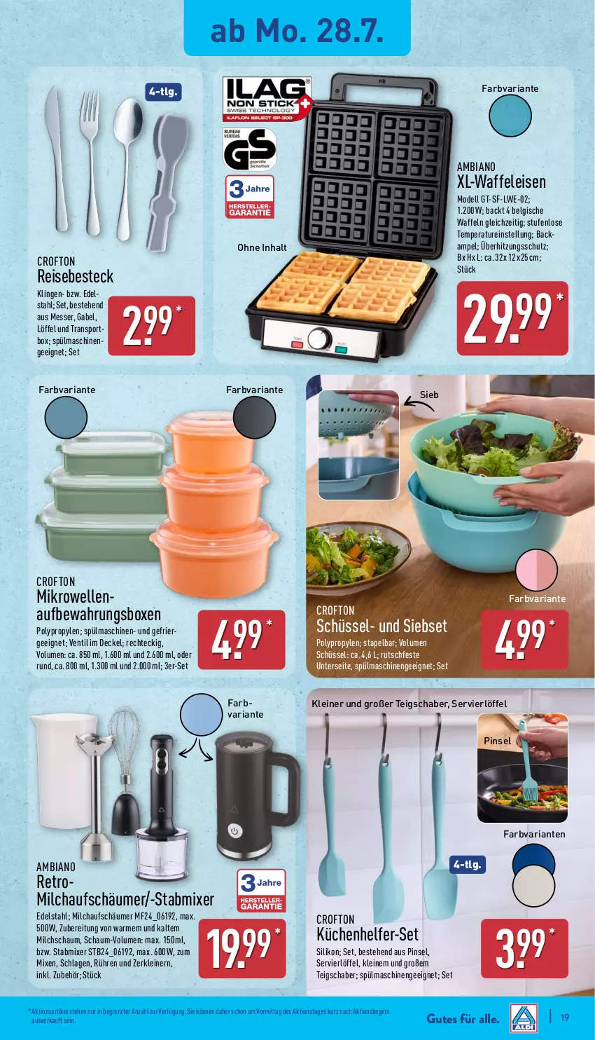 Aktueller Prospekt Aldi Nord - Von Montag - von 28.07 bis 02.08.2025 - strona 19 - produkty: ambia, aufbewahrungsbox, besteck, Crofton, decke, Deckel, dell, edelstahl, eis, elle, gabel, gin, küche, Küchen, Küchenhelfer, leine, LG, Löffel, messer, mikrowelle, milch, milchaufschäumer, Mixer, Mode, Pinsel, reis, Ria, schüssel, Sport, spülmaschinen, stabmixer, Teigschaber, Ti, überhitzungsschutz, Waffeleisen, waffeln, ZTE