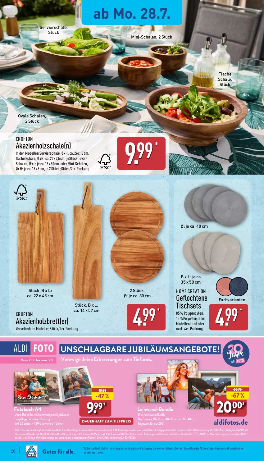 Aktueller Prospekt Aldi Nord - Von Montag - von 28.07 bis 02.08.2025 - strona 20 - produkty: aldi, angebot, angebote, auer, buch, Crofton, dell, eis, elle, Fotobuch, gin, Holz, Jubiläums, jubiläumsangebot, korb, Mode, ndk, reis, Ria, ring, Schal, Schale, Ti, tiefpreis, tisch, Tischset, ZTE
