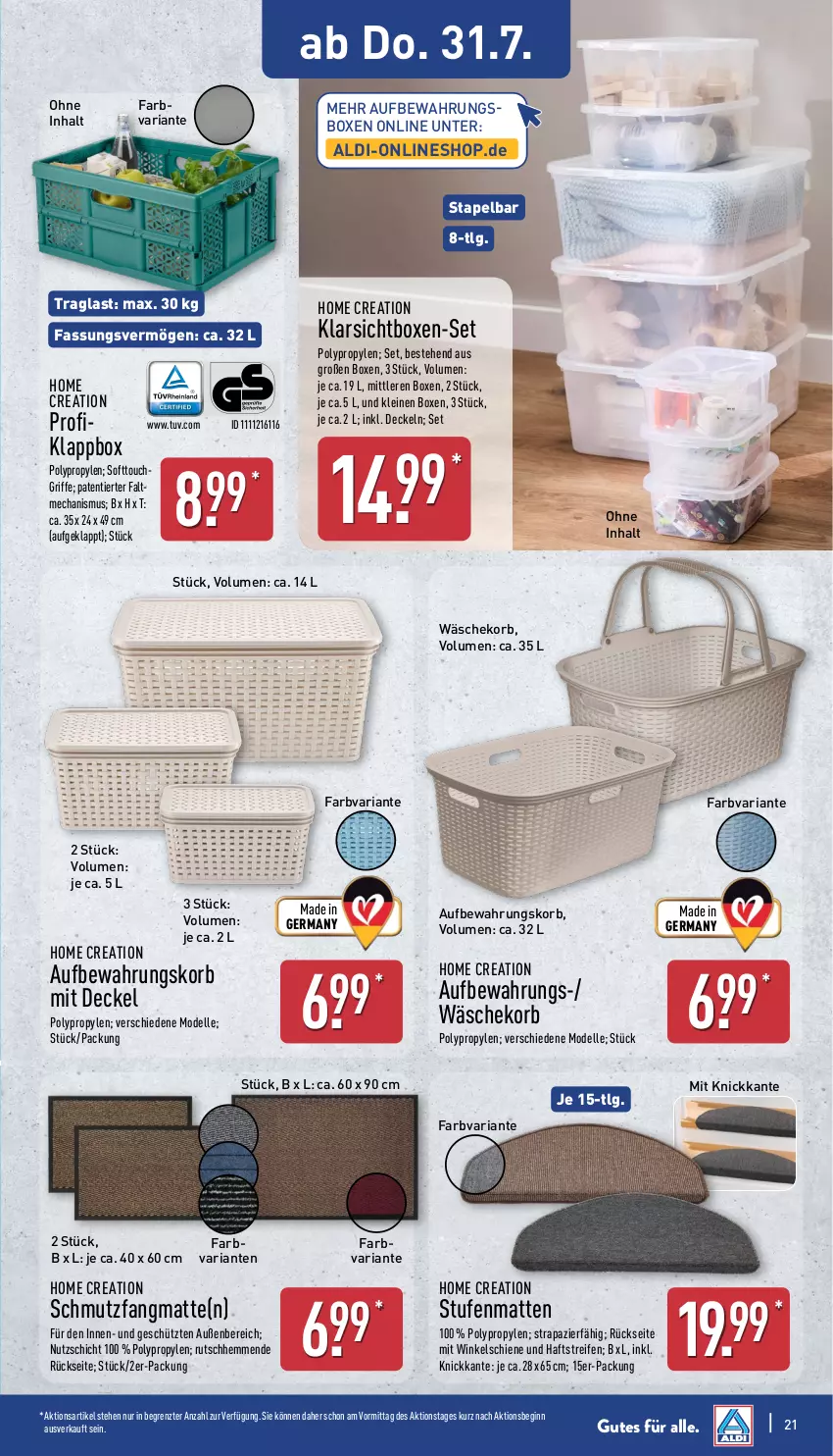 Aktueller Prospekt Aldi Nord - Von Montag - von 28.07 bis 02.08.2025 - strona 21 - produkty: aldi, aufbewahrungsbox, decke, Deckel, dell, elle, Germ, gin, Klappbox, Klarsichtbox, korb, leine, LG, Mode, reifen, Ria, schmutzfangmatte, Stufenmatten, Ti, wäschekorb, ZTE
