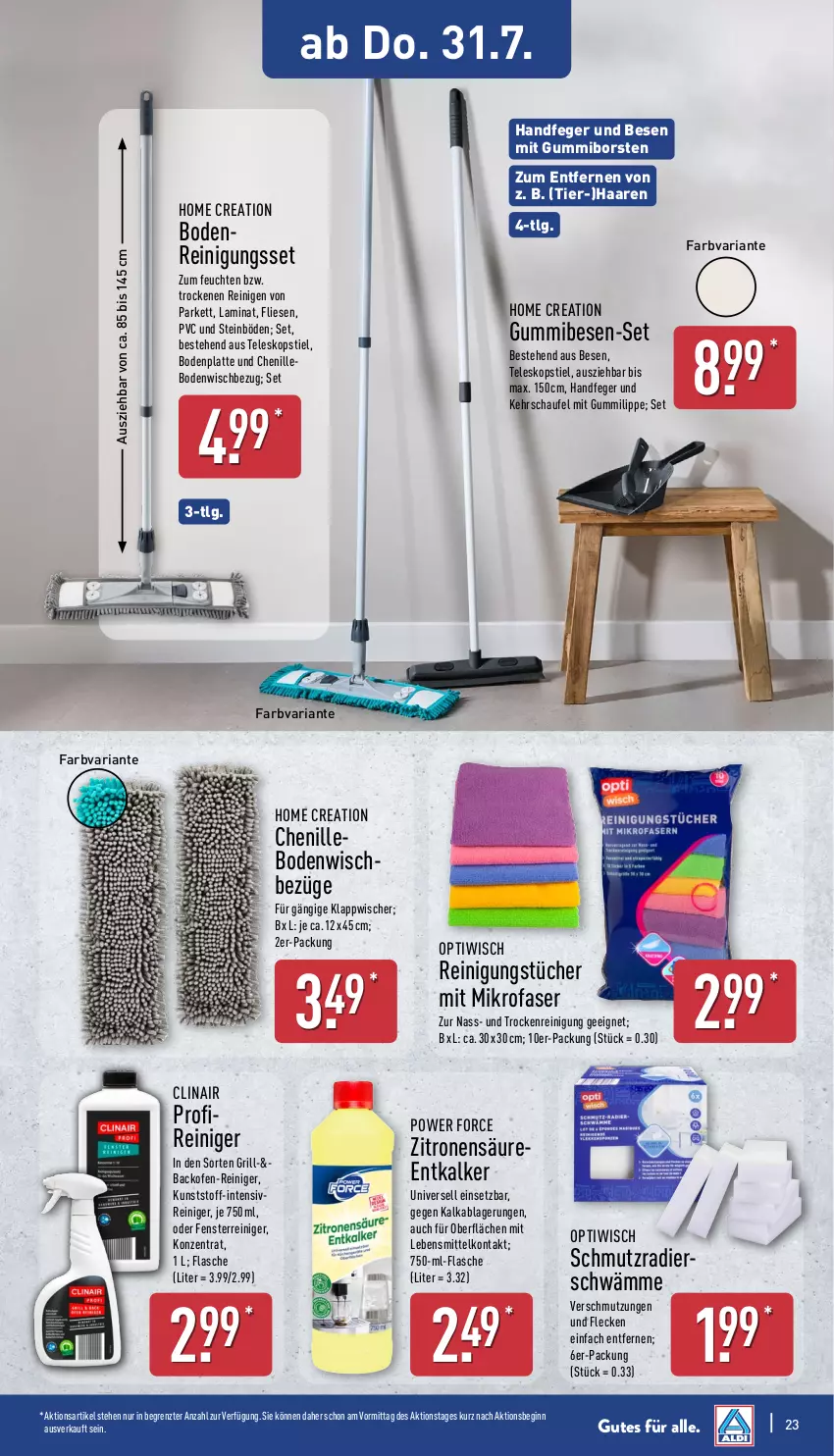 Aktueller Prospekt Aldi Nord - Von Montag - von 28.07 bis 02.08.2025 - strona 23 - produkty: backofen, Bodenplatte, Bodenwischbezüge, Clin, entkalker, fenster, flasche, gin, grill, Gummibesen, laminat, latte, lebensmittel, LG, mikrofaser, Ofen, Optiwisch, reiniger, Reinigung, reinigungstücher, Ria, Teleskop, teleskopstiel, Ti, tücher, zitrone, zitronen, ZTE
