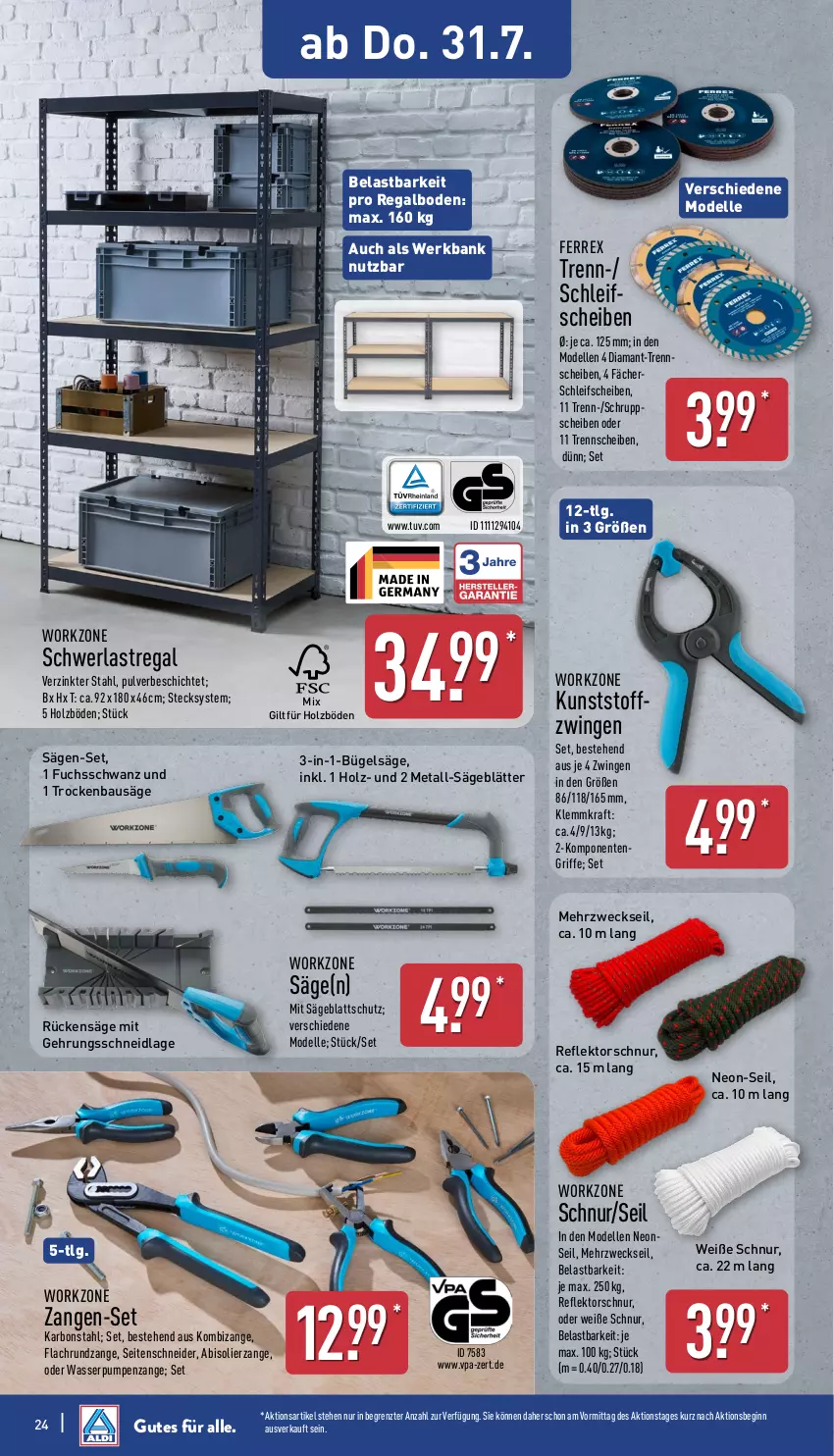 Aktueller Prospekt Aldi Nord - Von Montag - von 28.07 bis 02.08.2025 - strona 24 - produkty: abis, Bank, Bau, bügel, dell, elle, ente, ferrex, gin, Holz, Kombizange, kraft, LG, Mode, regal, säge, schwerlastregal, Seitenschneide, Ti, wasser, Wasserpumpenzange, weck, Zangen, ZTE