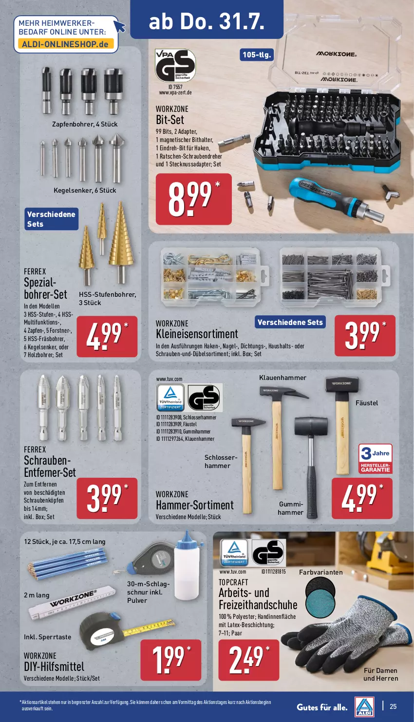 Aktueller Prospekt Aldi Nord - Von Montag - von 28.07 bis 02.08.2025 - strona 25 - produkty: adapter, aldi, Bohrer-Set, dell, eis, elle, ferrex, gin, handschuhe, Holz, leine, LG, Mode, nuss, Ria, schrauben, Schraubendreher, schuhe, Spezi, Ti, tisch, ZTE