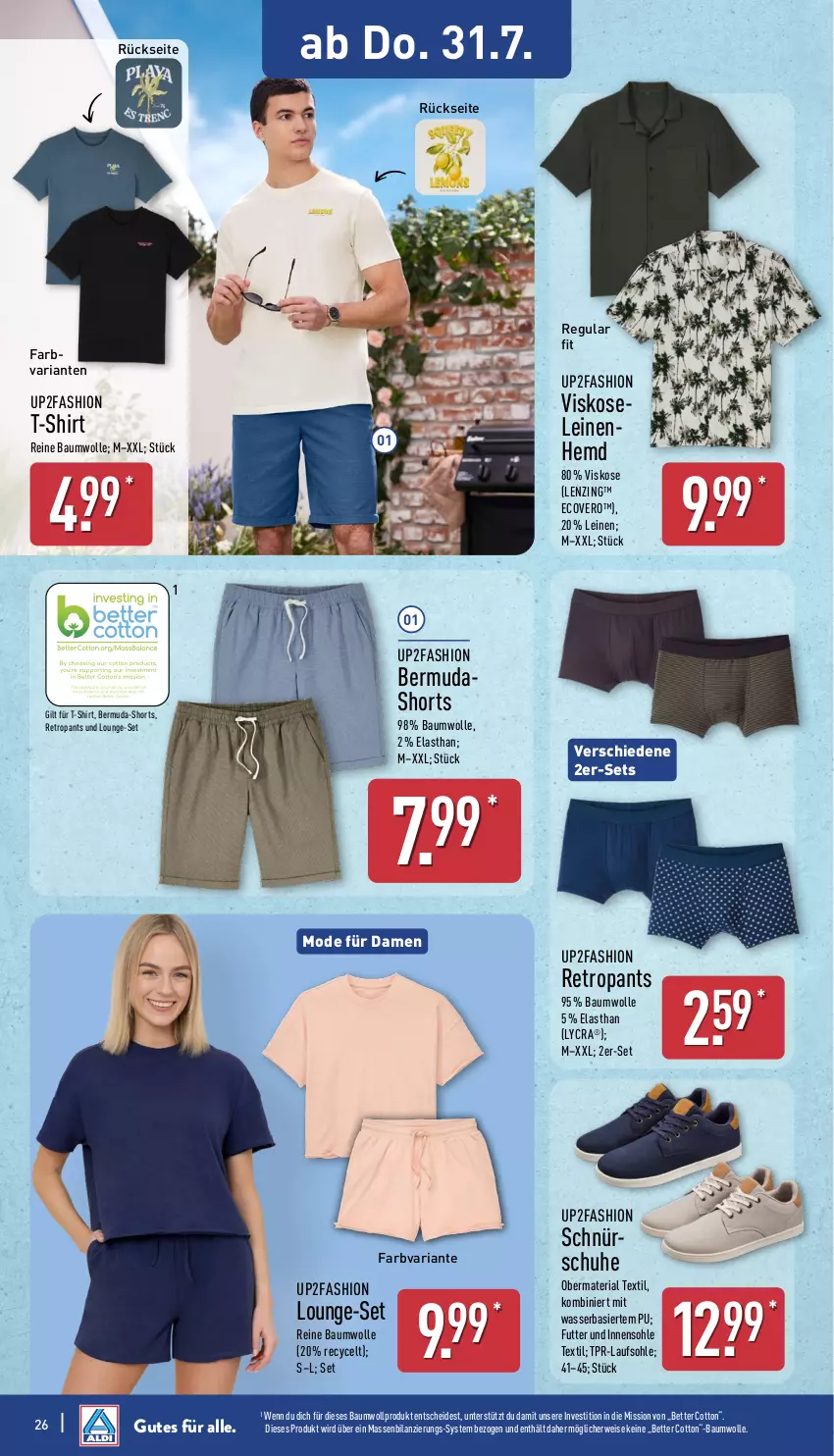 Aktueller Prospekt Aldi Nord - Von Montag - von 28.07 bis 02.08.2025 - strona 26 - produkty: Bau, baumwolle, bermuda, bermudas, bett, ecovero, eis, hemd, leine, lenzing, lounge-set, Mode, Pants, reine baumwolle, Retropants, Ria, rwe, schuhe, shirt, shorts, T-Shirt, Ti, up2fashion, wasser, wolle