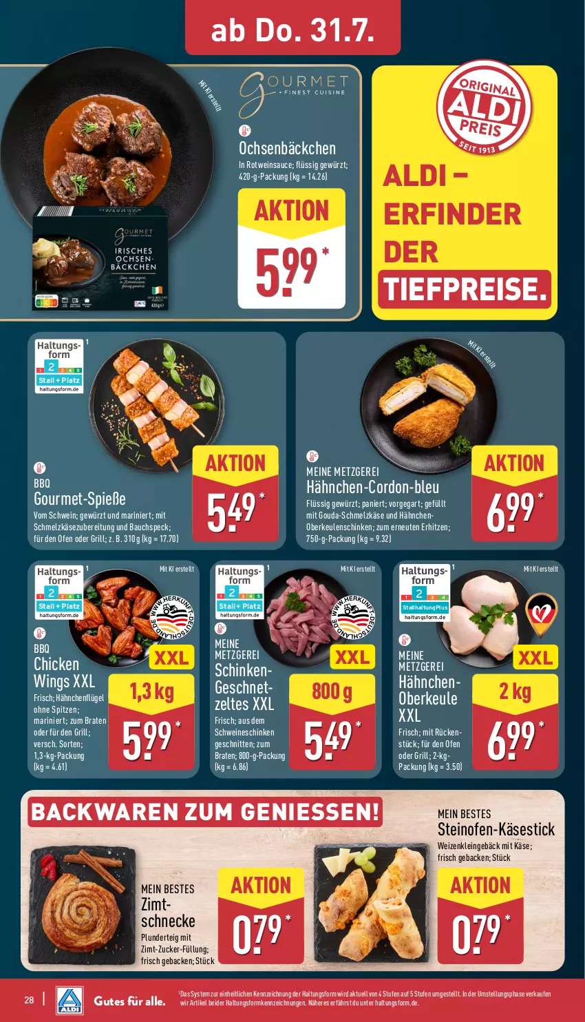 Aktueller Prospekt Aldi Nord - Von Montag - von 28.07 bis 02.08.2025 - strona 28 - produkty: aldi, backwaren, Bau, bio, braten, chicken wings, eis, geback, gewürz, gouda, grill, hähnchenflügel, Käse, mit gouda, Ofen, Plunder, reis, rotwein, sauce, schinken, Schmelzkäse, schmelzkäsezubereitung, schnitten, schwein, schweine, Speck, steinofen, Ti, tiefpreis, wein, weine, Zelt, zucker