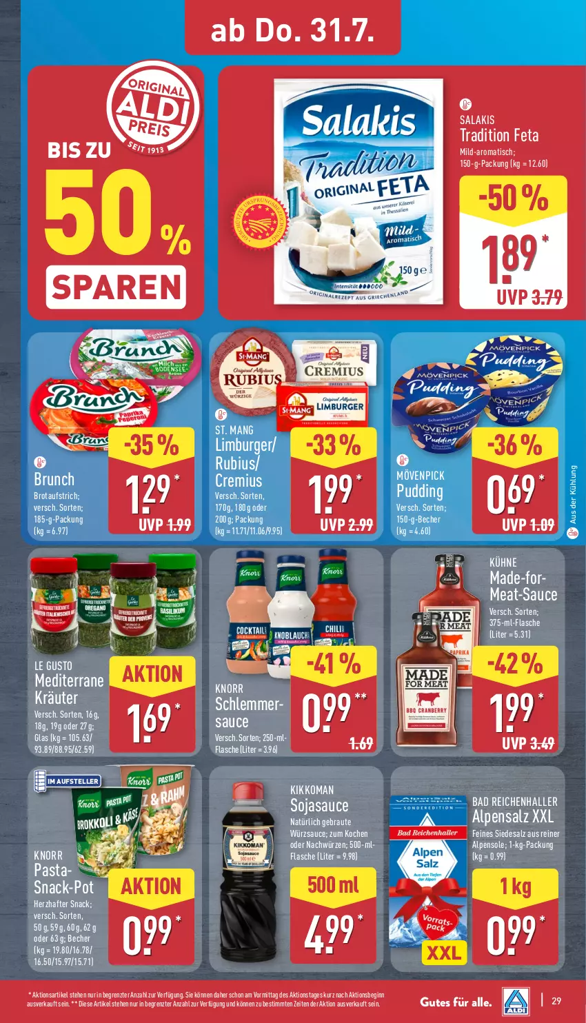 Aktueller Prospekt Aldi Nord - Von Montag - von 28.07 bis 02.08.2025 - strona 29 - produkty: aufstrich, Bad, Becher, brot, brotaufstrich, burger, elle, feta, flasche, gin, kikkoman, knorr, knorr pasta, kräuter, Kühne, Limburger, mövenpick, pasta, pudding, Rubius, salakis, salz, sauce, snack, soja, sojasauce, St. Mang, teller, Ti, tisch, würzsauce, ZTE