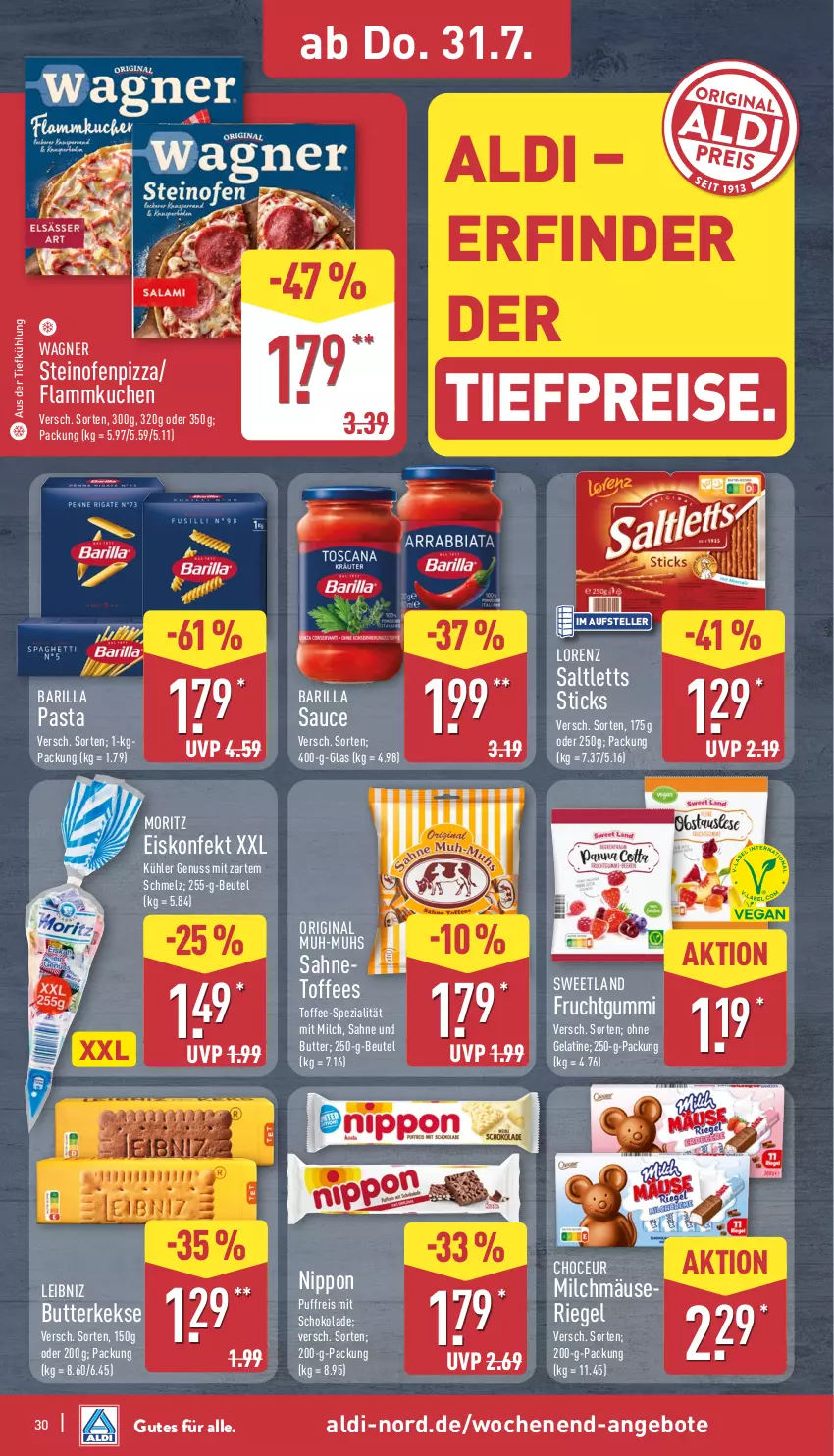 Aktueller Prospekt Aldi Nord - Von Montag - von 28.07 bis 02.08.2025 - strona 30 - produkty: aldi, angebot, angebote, aus der tiefkühlung, barilla, beutel, butter, butterkeks, eis, eiskonfekt, elle, flammkuchen, frucht, gelatine, gin, keks, kekse, kuchen, lamm, leibniz, lorenz, milch, nippon, nuss, Ofen, pasta, pizza, reis, riegel, sahne, saltletts, sauce, schoko, schokolade, Spezi, steinofen, Sweetland, teller, Ti, tiefpreis, wagner
