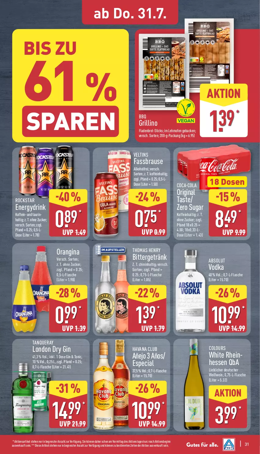 Aktueller Prospekt Aldi Nord - Von Montag - von 28.07 bis 02.08.2025 - strona 31 - produkty: Absolut Vodka, alkohol, brause, brot, coca-cola, cola, drink, dry gin, elle, fassbrause, Fladenbrot, flasche, geback, getränk, gin, grill, Havana Club, london dry, london dry gin, Ofen, orangina, Rockstar, Tanqueray, teller, thomas henry, Ti, tonic, veltins, vodka, wein, Weißwein, ZTE, zucker