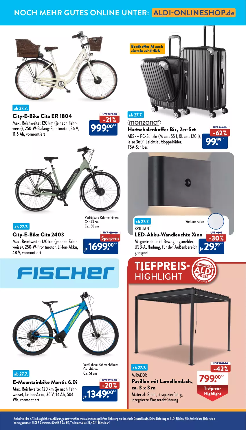 Aktueller Prospekt Aldi Nord - Von Montag - von 28.07 bis 02.08.2025 - strona 35 - produkty: akku, aldi, Bau, dekoration, E-Bike, eis, elle, erde, Hartschalenkoffer, koffer, Leuchte, li-ion-akku, Mountainbike, pavillon, reis, Ria, rwe, Schal, Schale, Ti, tiefpreis, tisch, usb, wasser