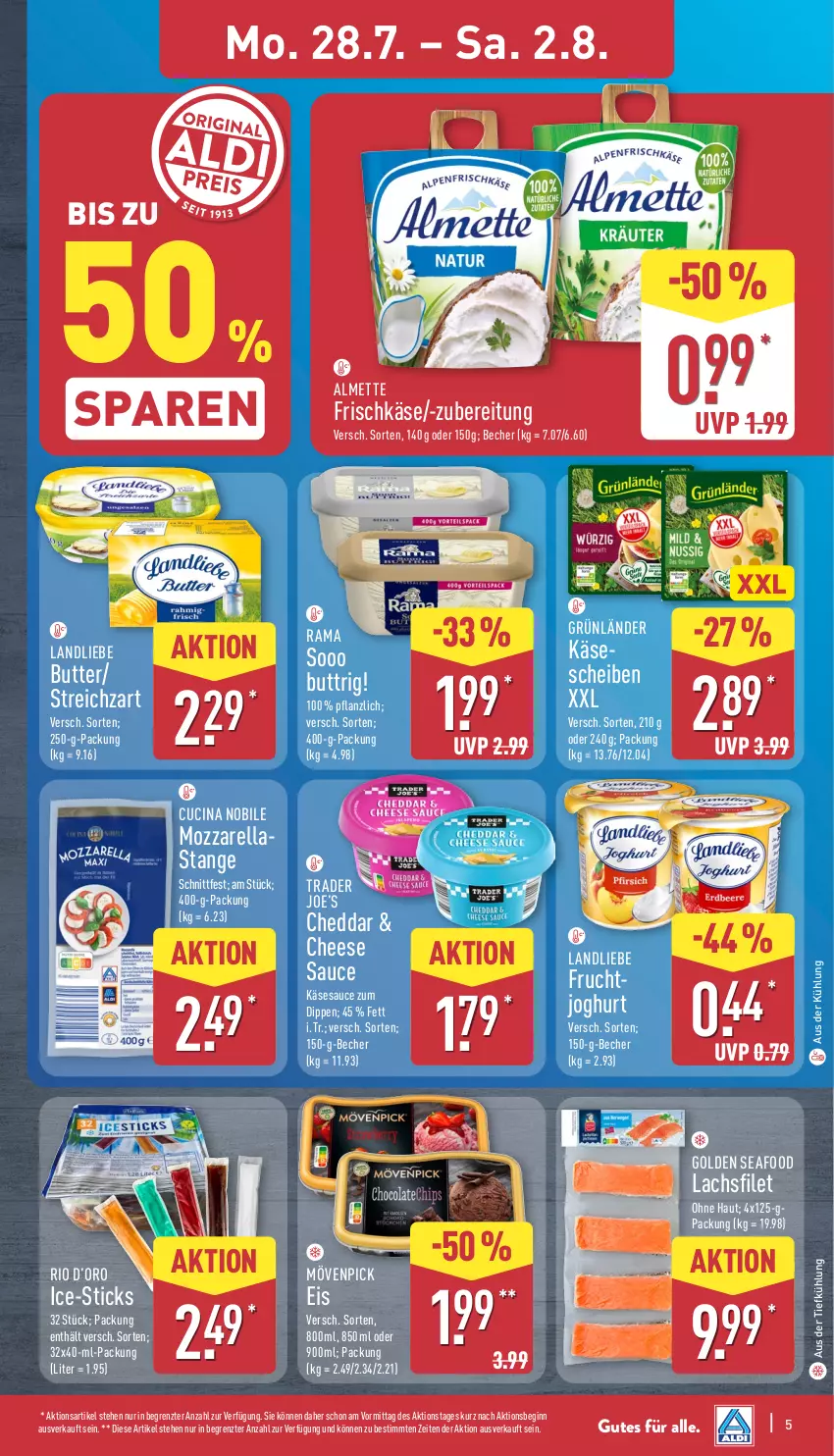 Aktueller Prospekt Aldi Nord - Von Montag - von 28.07 bis 02.08.2025 - strona 5 - produkty: almette, aus der tiefkühlung, Becher, butter, cheddar, cin, dip, eis, filet, frischkäse, frucht, gin, grünländer, joghur, joghurt, Käse, lachs, lachsfilet, landliebe, Mett, mövenpick, mövenpick eis, mozzarella, rama, rel, sauce, Streichzart, Ti, ZTE