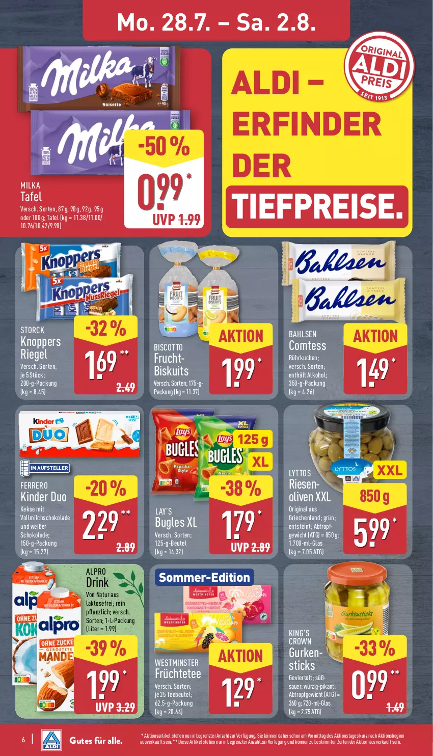 Aktueller Prospekt Aldi Nord - Von Montag - von 28.07 bis 02.08.2025 - strona 6 - produkty: aldi, alkohol, alpro, auer, bahlsen, beutel, biscotto, bugles, comtess, drink, eis, elle, ferrero, frucht, früchte, Früchtetee, gin, gurke, gurken, keks, kekse, Kinder, knoppers, kuchen, milch, milka, natur, olive, oliven, reis, riegel, schoko, schokolade, storck, tee, Teebeutel, teller, Ti, tiefpreis, vollmilch, ZTE