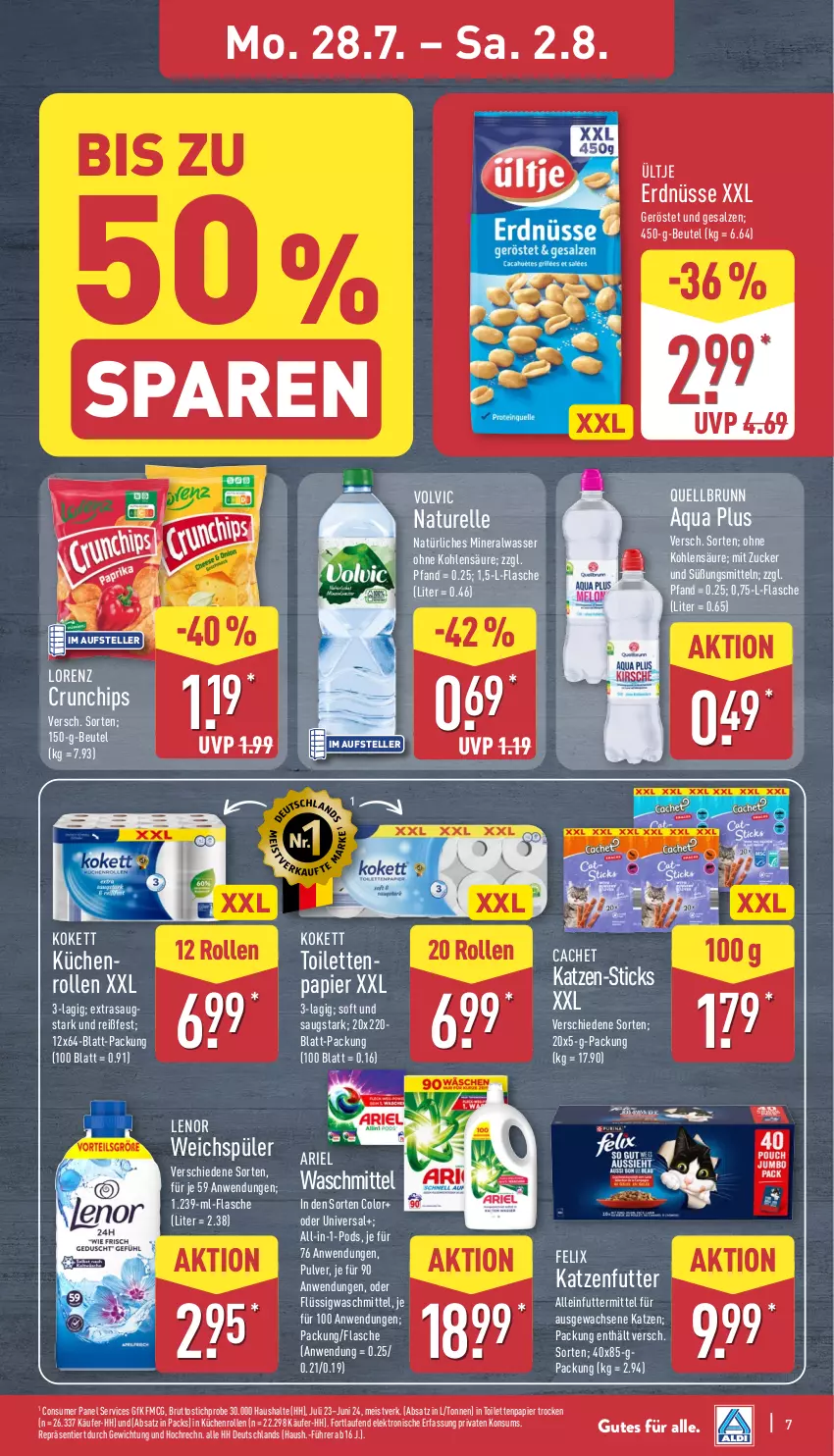 Aktueller Prospekt Aldi Nord - Von Montag - von 28.07 bis 02.08.2025 - strona 7 - produkty: alleinfuttermittel, Alwa, aqua, ariel, ariel waschmittel, beutel, brut, chips, crunchips, eis, Elektro, elle, erdnüsse, felix, flasche, HP, katzenfutter, küche, Küchen, küchenrolle, küchenrollen, Laufen, lenor, lenor weichspüler, lorenz, lorenz crunchips, mineralwasser, natur, natürliches mineralwasser, papier, Pods, Quellbrunn, rel, salz, teller, Ti, ültje, ültje erdnüsse, volvic, waschmittel, wasser, weichspüler, zucker