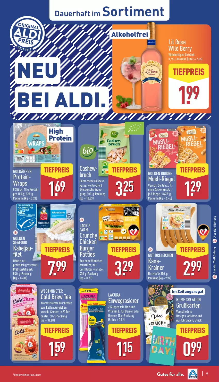 Aktueller Prospekt Aldi Nord - Von Montag - von 28.07 bis 02.08.2025 - strona 9 - produkty: aldi, alkohol, auer, aus der tiefkühlung, beutel, brustfilet, burger, Cashew, eis, filet, flakes, flasche, früchte, Früchtetee, getränk, Käse, Käsekrainer, müsli, natur, rasierer, regal, reis, riegel, tee, Ti, tiefpreis, tisch, trolli, vita, wein, Wild, wild berry, wrap, wraps, zucker