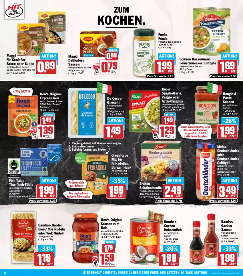 Aktueller Prospekt Hit - Wochenprospekt - von 11.08 bis 16.08.2025 - strona 10 - produkty: bamboo, beutel, braten, burger, De Cecco, delikatess sauce, dell, ecco, eier, eintöpfe, eis, elle, erasco, erbsen, feinschmecker, filet, filets, fisch, flasche, frikadellen, Geflügel, gin, gnocchi, knorr, kokos, kokosmilch, maggi, meica, milch, nudel, nudeln, pasta, Pasta Sauce, reis, Ria, sauce, saucen, Schal, Schale, suppe, thunfisch, Ti, veggie, wasser, wok, ZTE, zucker