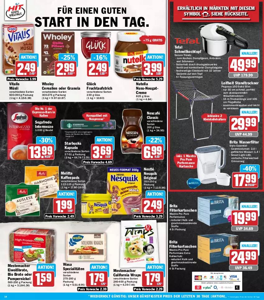 Aktueller Prospekt Hit - Wochenprospekt - von 11.08 bis 16.08.2025 - strona 14 - produkty: asus, aufstrich, beutel, bio, braten, brita, brot, cerealien, creme, edelstahl, eis, Eiweißbrot, espresso, filterkartuschen, frucht, fruchtaufstrich, gin, intermezzo, kaffee, kaffeepads, Kochtopf, leifheit, mac, Maxtra, melitta, mestemacher, müsli, Nescafé, nespresso, nesquik, nestlé, Nougatcreme, nuss, nutella, Pumpernickel, reis, rwe, Schnellkochtopf, Segafredo, Spezi, starbucks, tefal, Ti, Tiere, topf, Trockner, trolli, vita, vitalis, vitalis müsli, wasa, wasser, wasserfilter, wrap, wraps, ZTE