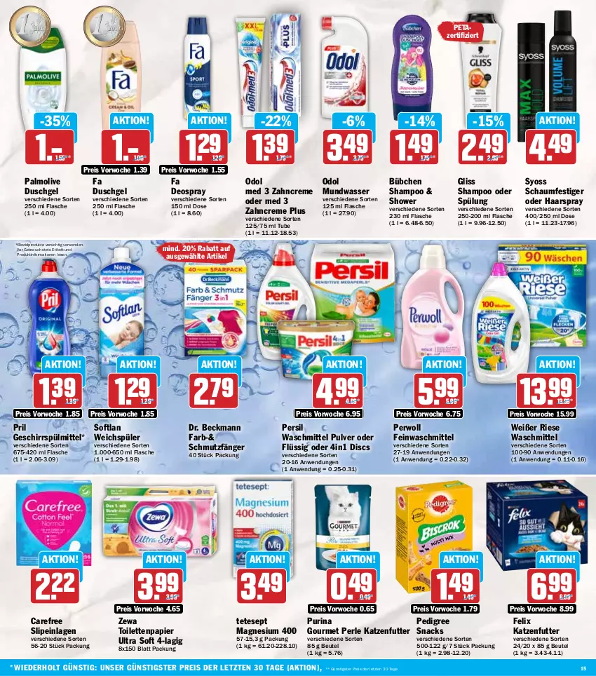 Aktueller Prospekt Hit - Wochenprospekt - von 11.08 bis 16.08.2025 - strona 15 - produkty: beutel, bio, biozidprodukte, bübchen, carefree, creme, deo, deospray, Dr. Beckmann, duschgel, eis, fa duschgel, feinwaschmittel, felix, flasche, geschirr, geschirrspülmittel, gliss, haarspray, katzenfutter, magnesium, magnesium 400, mundwasser, Odol, odol med, olive, palmolive, papier, pedigree, persil, persil waschmittel, perwoll, pril, purina, Rauch, reis, rwe, schaumfestiger, shampoo, shampoo oder spülung, slip, slipeinlagen, snack, snacks, Softlan, spülmittel, spülung, syoss, Ti, toilettenpapier, waschmittel, wasser, weichspüler, Yo, zahncreme, zewa, ZTE