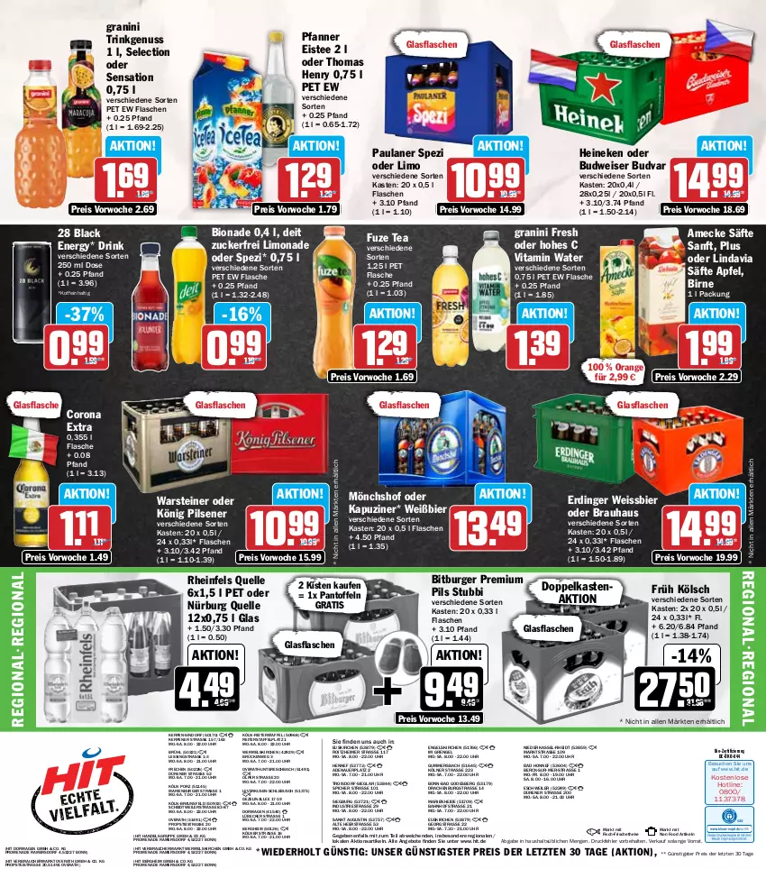 Aktueller Prospekt Hit - Wochenprospekt - von 11.08 bis 16.08.2025 - strona 18 - produkty: amecke, angebot, angebote, apfel, auer, Bad, bier, bio, bionade, bitburger, braun, budweiser, burger, corona, corona extra, deit, drink, eimer, eis, eistee, elle, Engel, erdinger, fisch, flasche, Früh Kölsch, fuze tea, glasflasche, granini, heineken, Hohes C, könig pilsener, lack, limo, limonade, Lübecker, mönchshof, nuss, orange, Pantoffeln, Paula, paulaner, pfanne, Pfanner, pils, pilsener, premium pils, Rauch, reis, rheinfels quelle, säfte, Spezi, steiner, tee, thomas henry, Ti, uhr, vita, warsteiner, weissbier, ZTE, zucker
