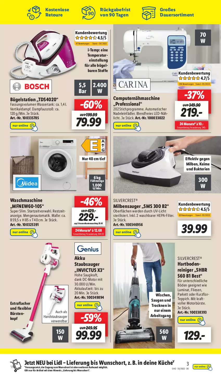 Aktueller Prospekt Lidl - Wochen-Highlights im Onlineshop - von 15.08 bis 21.08.2022 - strona 3 - produkty: akku, auer, auto, bügel, Bügelstation, bürste, bürsten, computer, eis, erde, handstaubsauger, Hartbodenreiniger, HP, kraft, küche, laminat, Nähmaschine, ndk, Pfau, pute, reiniger, rwe, silvercrest, staubsauger, teppich, Ti, tisch, waschmaschine, wasser, wassertank