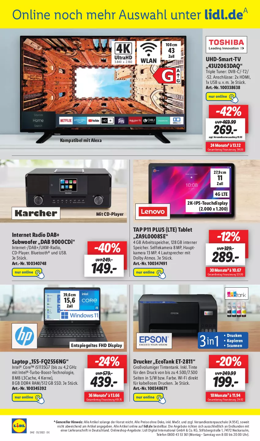 Aktueller Prospekt Lidl - Wochen-Highlights im Onlineshop - von 15.08 bis 21.08.2022 - strona 6 - produkty: alexa, angebot, angebote, drucker, dvb, eis, elle, hauptkamera, HDMI, Intel, Internet Radio, kamera, Laptop, lautsprecher, ndk, Radio, reis, rel, Schal, Schale, spiegel, ssd, Subwoofer, tablet, telefon, Ti, tuner, uhd, uhr, usb