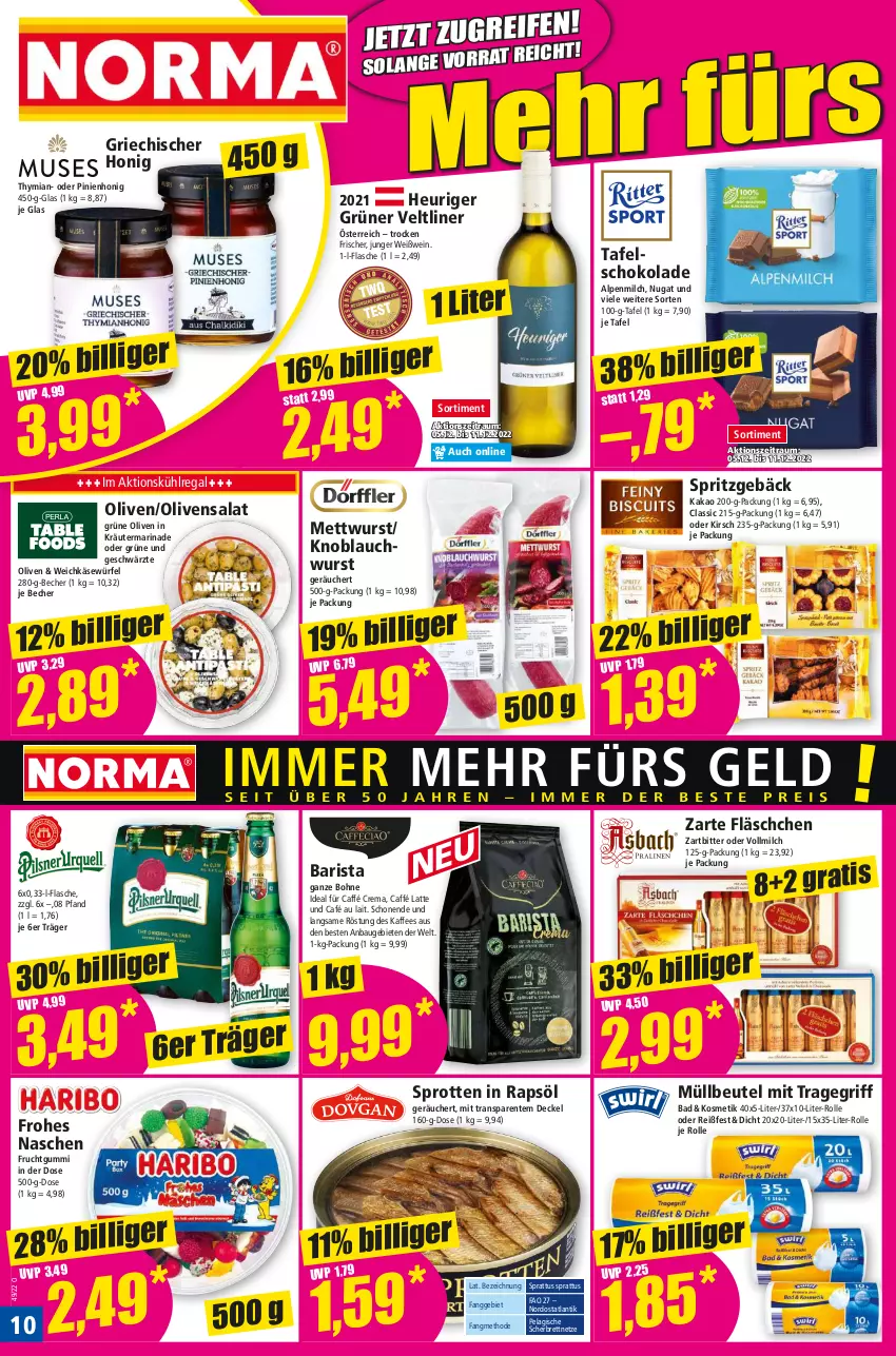 Aktueller Prospekt Norma - Norma - von 05.12 bis 12.12.2022 - strona 10 - produkty: alpenmilch, Bad, Bau, Becher, beutel, bohne, café au lait, decke, Deckel, ente, flasche, frucht, fruchtgummi, grüne oliven, grüner veltliner, Heu, honig, kaffee, kakao, Käse, kirsch, knoblauch, kosmetik, kräuter, kühlregal, latte, marinade, Mett, mettwurst, milch, müllbeutel, olive, oliven, rapsöl, regal, salat, schoko, schokolade, Spritzgebäck, Sprotten, tafelschokolade, Ti, tragegriff, vollmilch, weichkäse, wein, Weißwein, würfel, wurst, ZTE