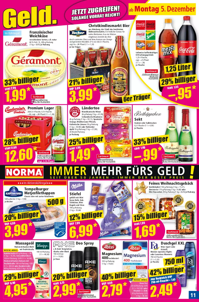 Aktueller Prospekt Norma - Norma - von 05.12 bis 12.12.2022 - strona 11 - produkty: apfel, Bad, Badekristalle, ball, balsam, Becher, beere, beutel, bier, Blaubeer, blaubeere, burger, deo, deo spray, duschgel, eis, filet, flasche, französischer weichkäse, Gesundheit, getränk, Käse, Kindle, Kugel, kühlregal, lack, Ländertee, limo, magnesium, magnesium 400, malz, mandel, mandeln, matjes, Matjesfilet, minze, natur, nuss, orange, oreo, pfirsich, Rauch, regal, sekt, Sport, tee, Ti, vanille, vita, Vitamin C, weichkäse