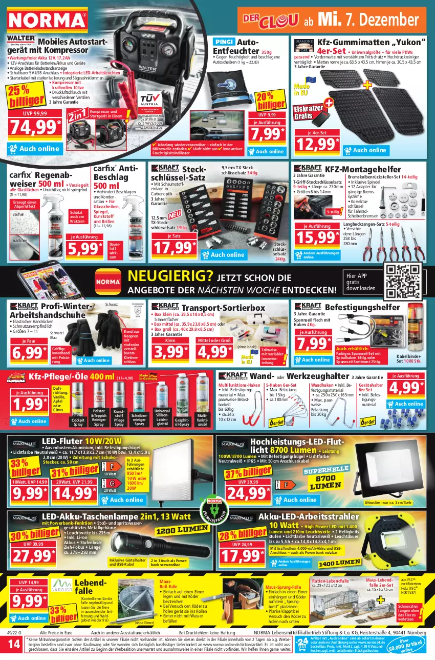 Aktueller Prospekt Norma - Norma - von 05.12 bis 12.12.2022 - strona 14 - produkty: adapter, akku, angebot, angebote, apfel, Arbeitsleuchte, asti, auer, aust, auto, Bank, batterie, batterien, Brille, bügel, citrus, decke, eier, eimer, eis, Eiskratzer, Elan, elle, Fahrrad, gin, handschuhe, hochdruckreiniger, Holz, Kabelbinderset, kompressor, kraft, Lampe, lebensmittel, LED-Fluter, Leuchte, leuchten, LG, Maus, mikrowelle, PKWs, powerbank, Rauch, reiniger, reis, rel, Ria, rwe, säge, Schal, Scheibenreiniger, schlauch, schuhe, spiegel, Sport, Steckschlüsselsatz, Tasche, taschen, taschenlampe, teller, teppich, Ti, Tiere, tisch, trolli, usb, vanille, wasser, werkzeug, Werkzeughalter, Zangen, ZTE